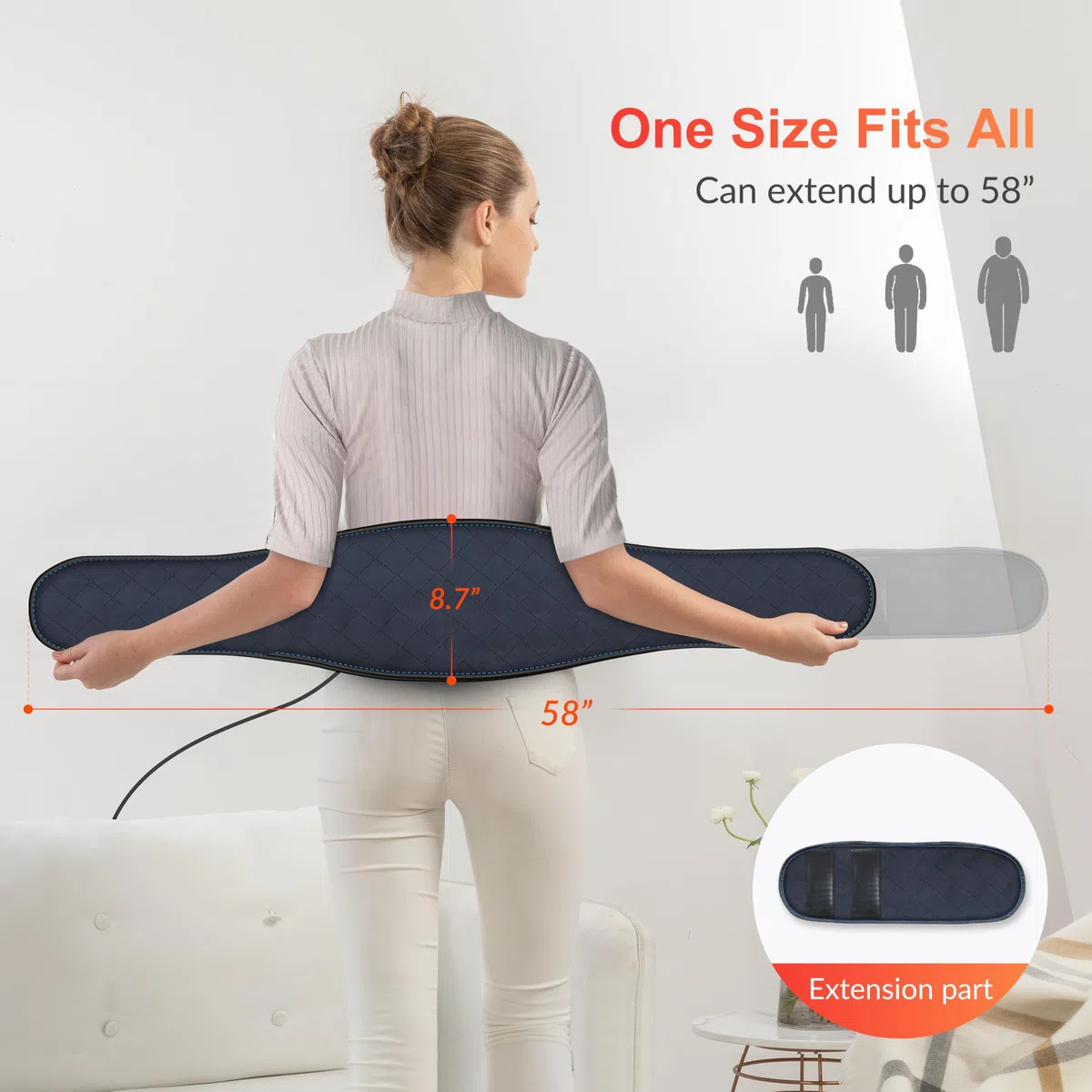 COMFIER Cinturón térmico con vibración para espalda, 147 x 22 cm, con 2 niveles de calor y 3 modos de masaje, almohadilla eléctrica con apagado automático