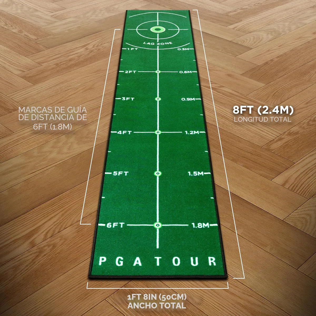 PGA Tour Alfombrilla de golf de lujo de 8 pies para golf de interior, alfombrilla de golf con directrices de entrenamiento, objetivo de agujero de tamaño completo, área de putt de 6 pies, verde, bolsa