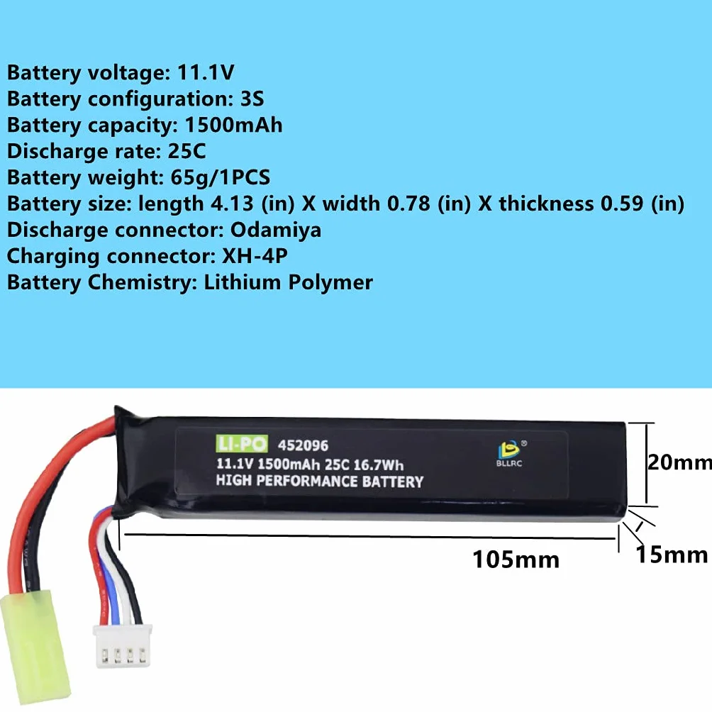 2PCS 3S 11.1V 1500mAh 25C Batería de Litio con Conector Mini Odamiya para Airsoft G36C M4A1-RIS M4A1 CAR15 MP5A5 M249 MP5K MC51 FNP90 AK47 G3A4 G36 Toy AEG Airsoft Rifle Batería