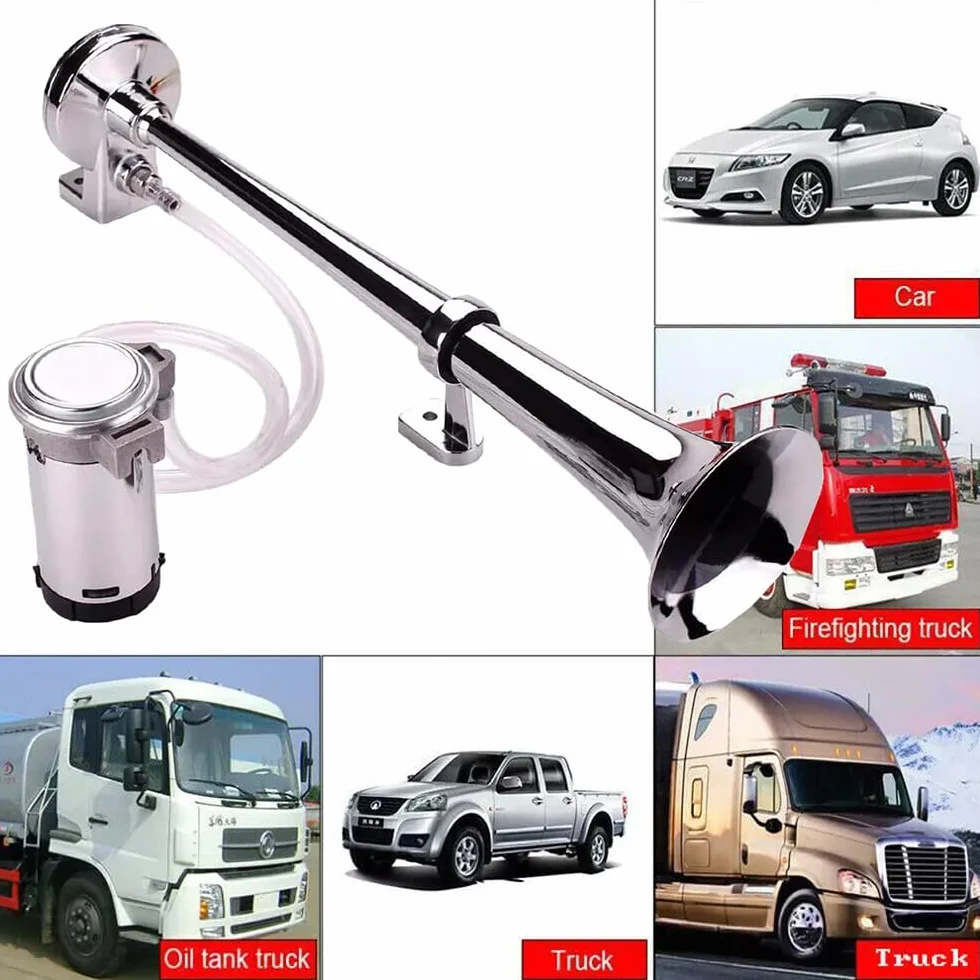 NEWFUN Bocina Aire Comprimido, Bocina Camion, Claxon Coche 12v Potente, Bocinas Musicales, para Coche Camión Coche Triciclo Barco Tren Etc （ Compresor ya Incluido en el Kit）