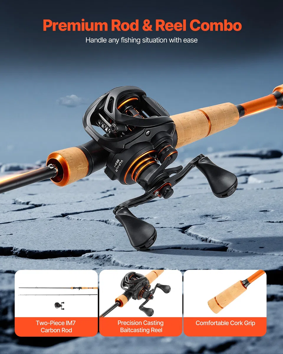 VEVOR Juego de Caña y Carrete de Pesca, Caña de Fibra de Carbono de 2 m IM7, con 6+1 Rodamientos de Bolas y Relación de Transmisión de 7.0:1 y Mango de Corcho, para Zurdos, 2000 x 130 x 100 mm
