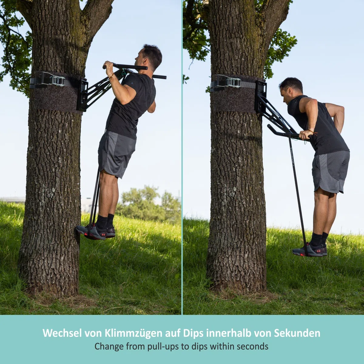PULLUP & DIP Barra de Dominadas y Dips Premium, Barra Dominadas Móvil para Pared en Casa y Exteriores en Arbol y Poste, Barra de Tracción Multifuncional para más de 35 Ejercicios