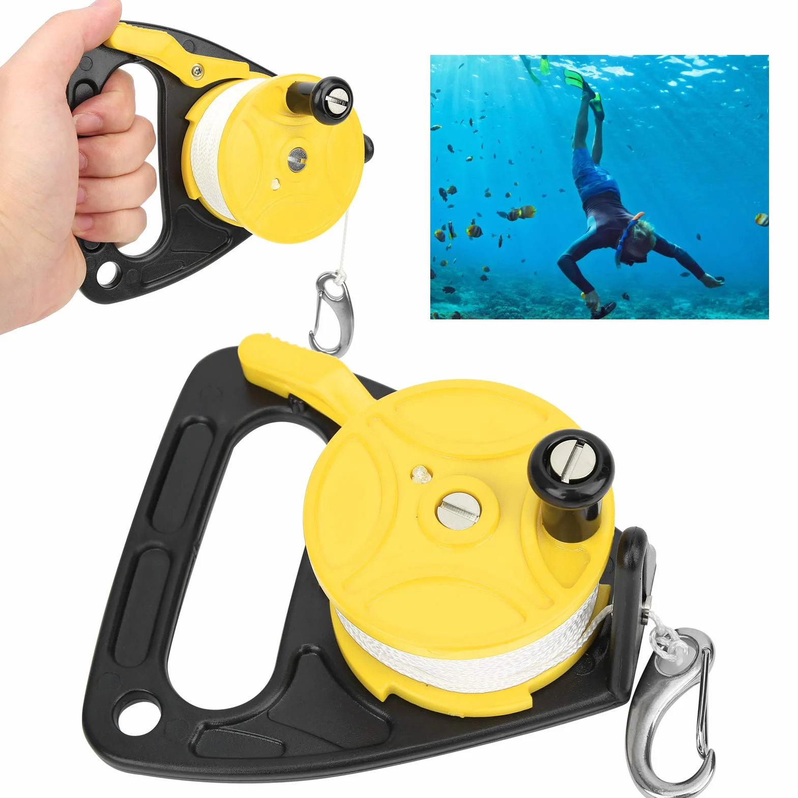 Carrete de línea de Buceo, Carrete de Buceo Compacto de 150 pies Rueda de línea de Buceo Carrete de Buceo portátil para Kayak(Yellow)