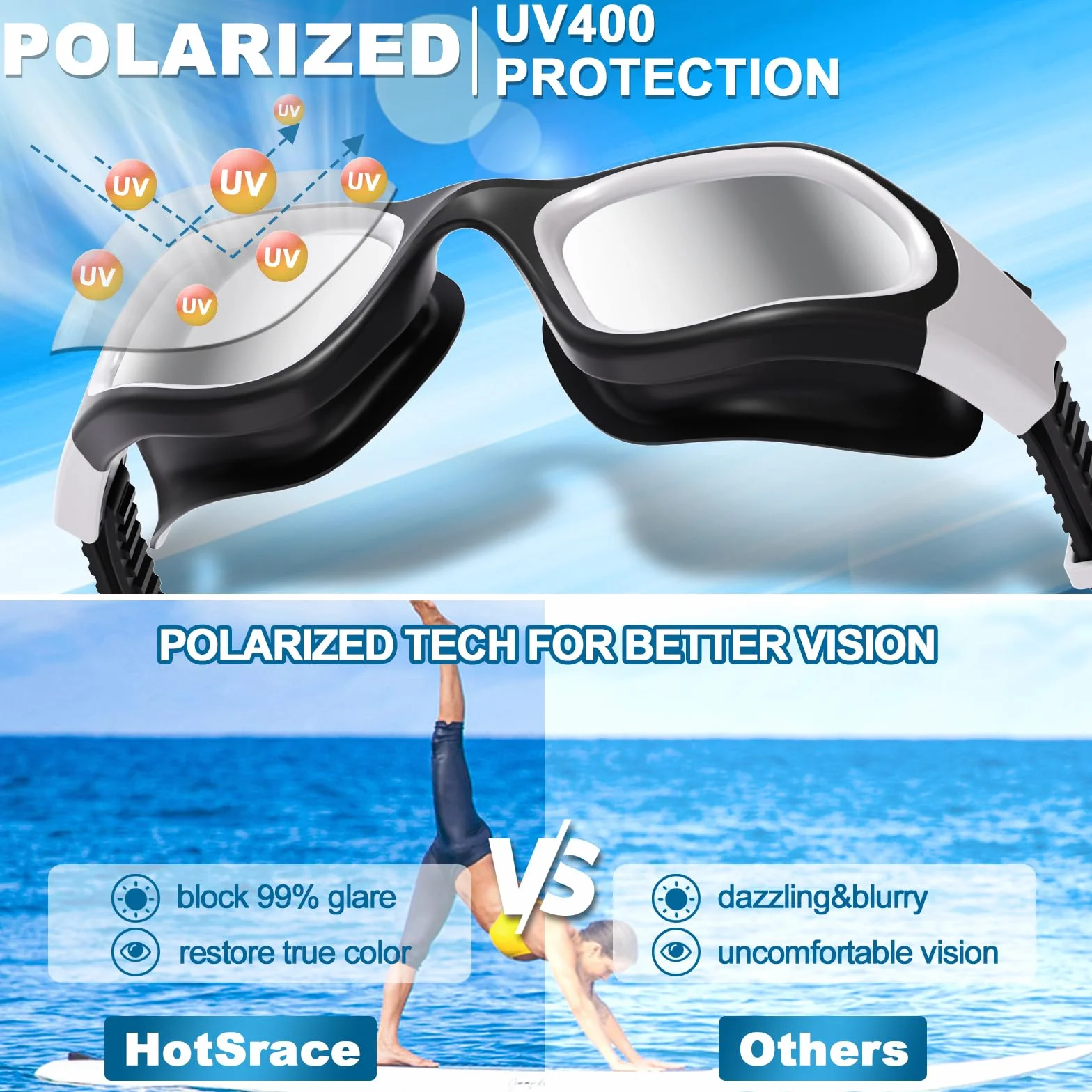 Gafas de natación polarizadas/no polarizadas, antiempañamiento UV a prueba de fugas silicona suave visión clara fáciles de ajustar para adultos y adolescentes