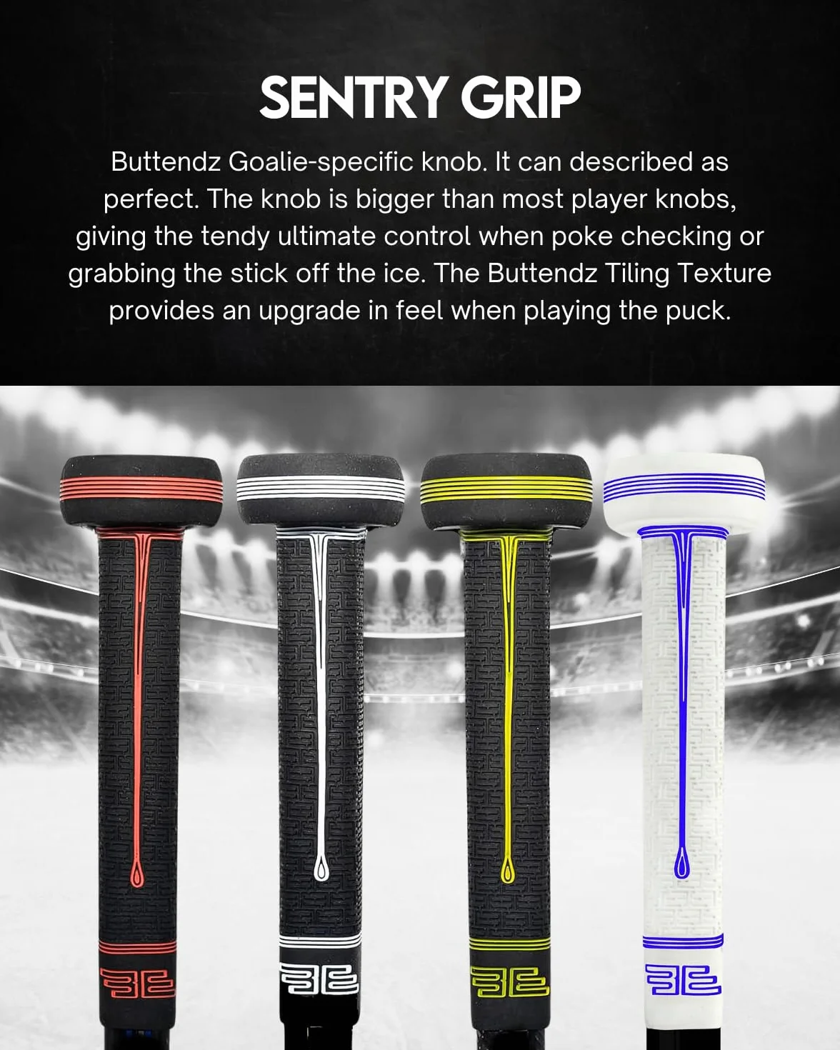 Buttendz Sentry Empuñadura de Repuesto para Palo de Hockey de Portero - Control de Precisión con Perilla Sobredimensionada, Textura Mejorada y Empuñadura de Hockey Premium (Negro con Goteo Blanco)