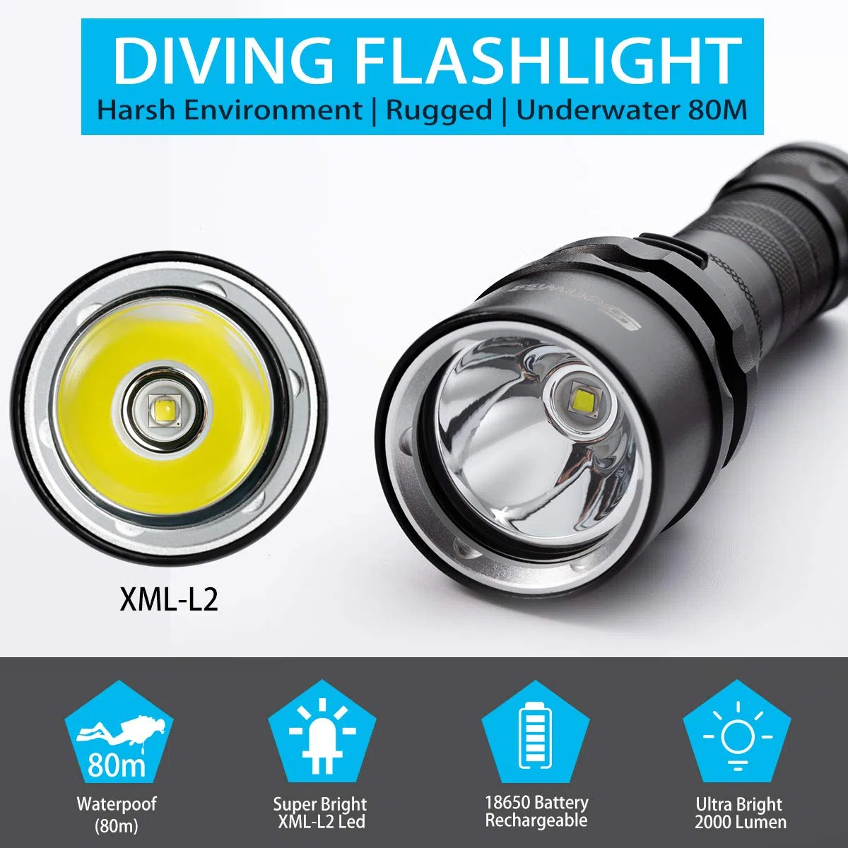Linterna De Buceo, 2000 Lúmenes, Linterna Subacuática, Luz Recargable para Buceo, Resistente Al Agua Hasta 80 Metros