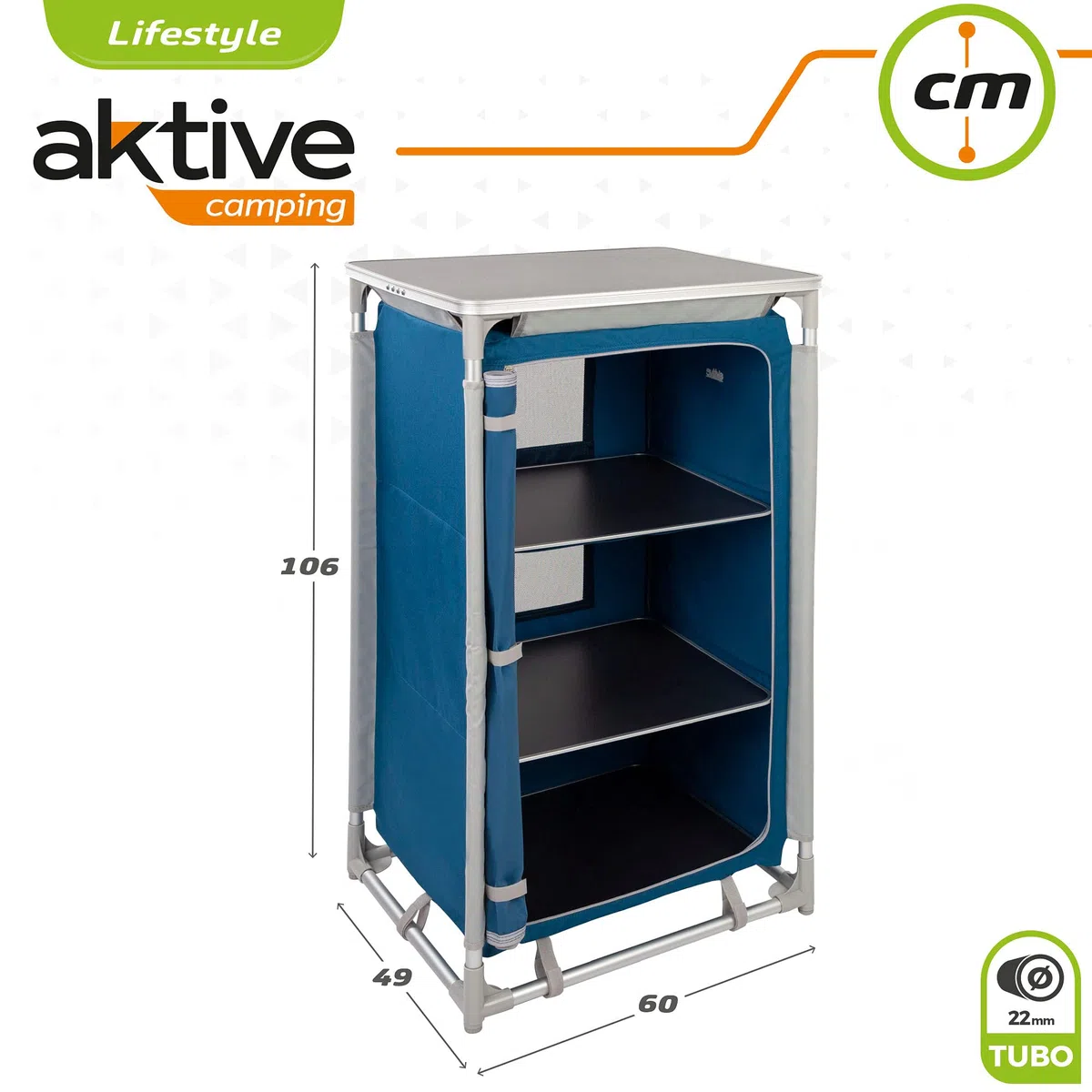 AKTIVE 52853-Mueble plegable cocina, camping, jardín, armario plegable aluminio, armario portátil ligero, 60x49x106 cm, color azul marino