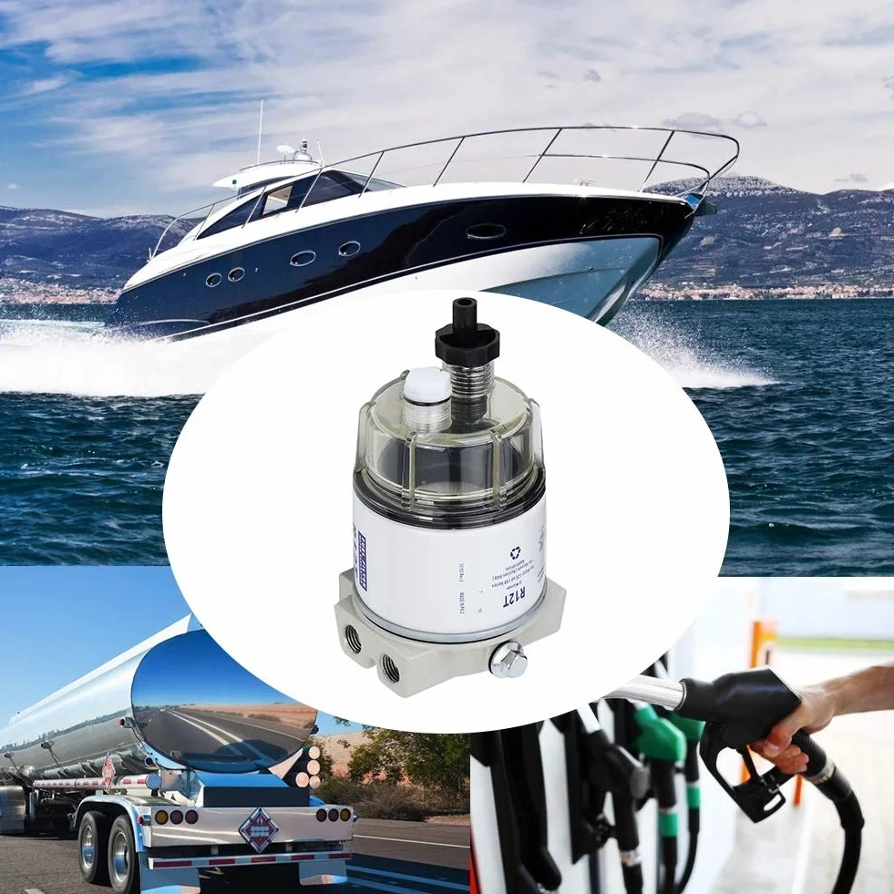 Filtro Combustible, Filtro R12T Separador de Agua Combustible Marino con Rotación y Drenaje Automático 10 Micrones 30 GPH para Motores de Lanchas Rápidas y Embarcaciones