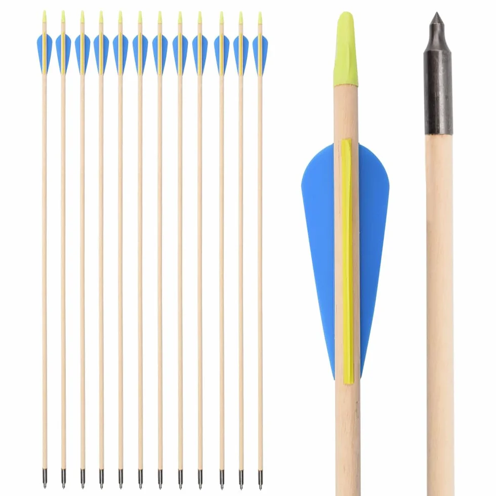 Juego de 12 flechas de madera, 28, 30 y 32 pulgadas, arco recurvo, arco deportivo