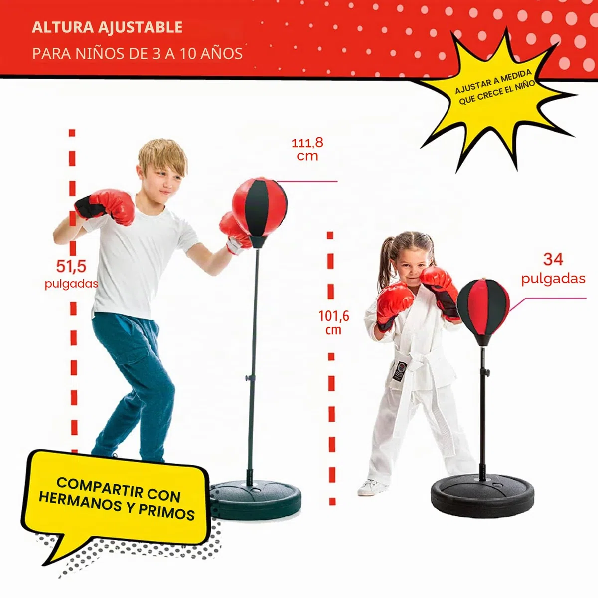 Whoobli Saco de boxeo para niños, incluye guantes de boxeo, saco de boxeo ajustable de 3 a 10 años con soporte, juego de bolsa de boxeo para niños y niñas (rojo negro)