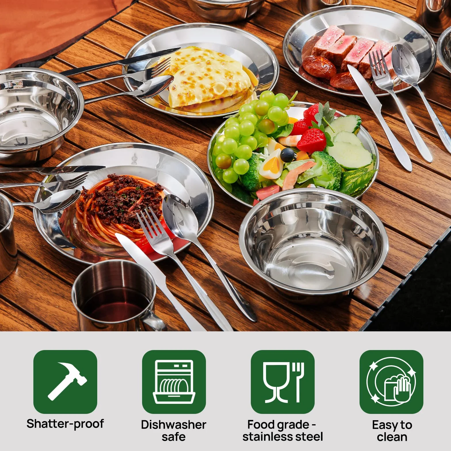 Odoland Vajilla de Acero Inoxidable para 1 Persona, 8-en-1, Cubiertos y Platos Kit de Picnic con Placa Tazon Tenedor Cuchara Cuchillo y Bolsa de Red, Camping Viajes