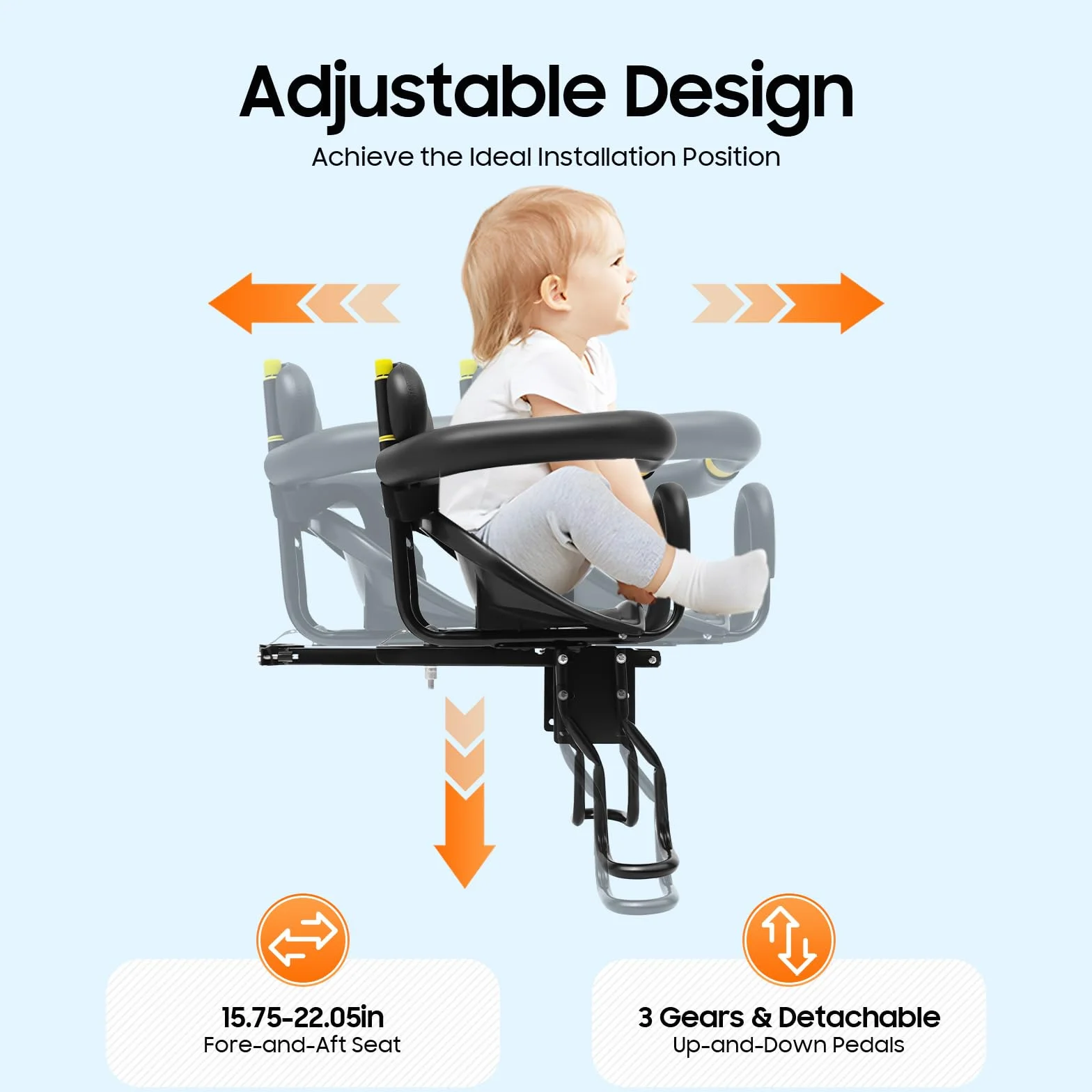 Asiento de seguridad infantil para bicicleta de 35 kg, asiento delantero para niños, asiento de seguridad infantil con cinturón de seguridad, para bicicletas de montaña o de carretera, soporte