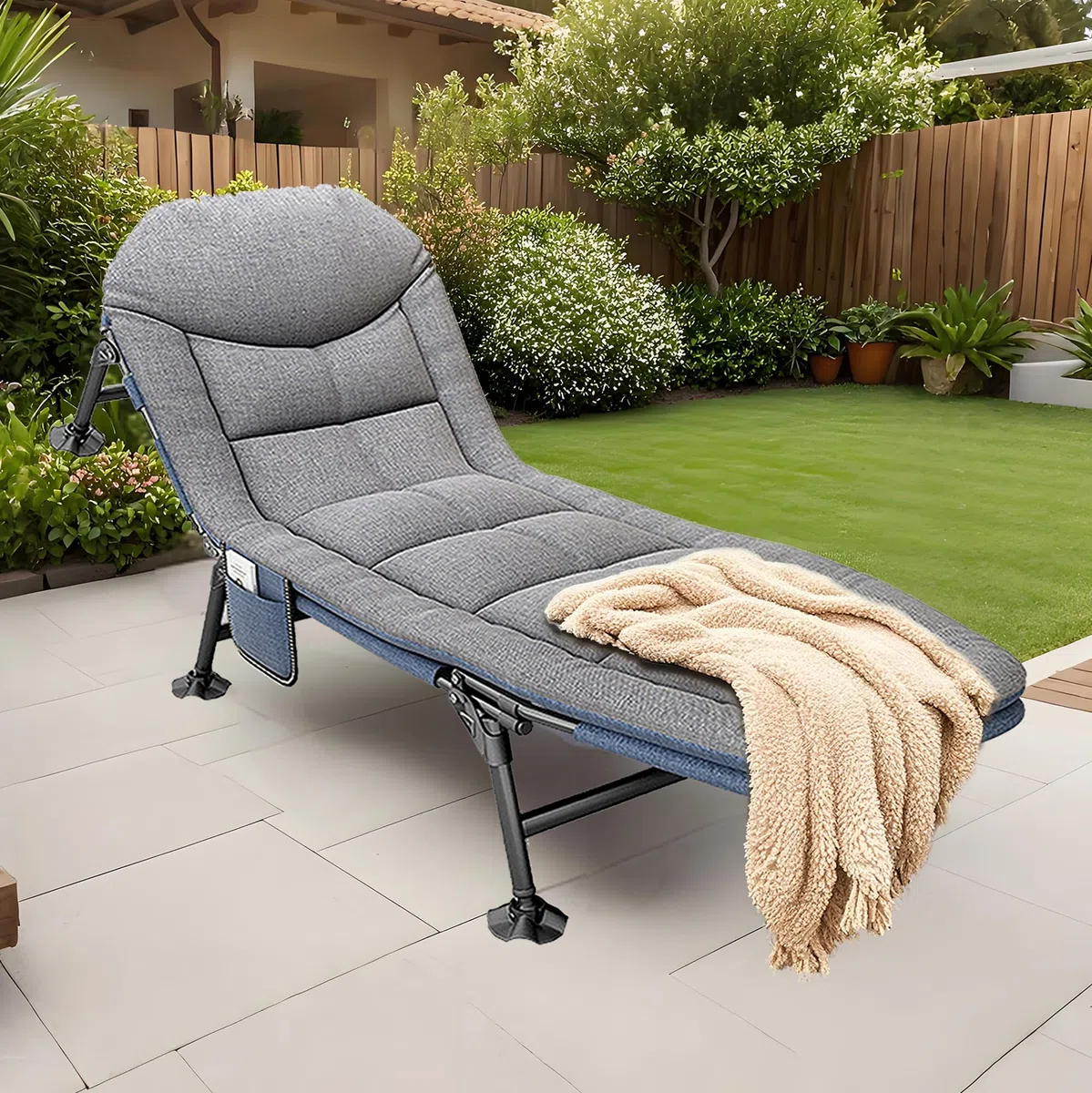 Cama de Camping Plegable con Colchón 190x65x30cm, Cama de Camp Portatil con Bolsillo Lateral, Tumbona Jardin Exterior con 5 Regulable Respaldo, Hamacas para Camping Jardín Exterior Interior, Gris