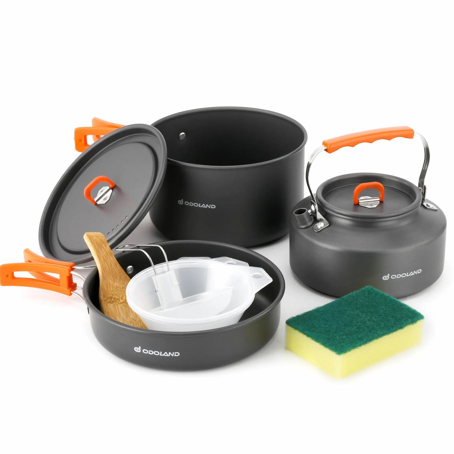 Odoland Utensilios de Cocina para Camping para 1-3 Personas, Ollas Sartén Hervidor de Camping, para Camping Senderismo Excursiones Cocina Outdoor y Picnics, Ollas 2.9L + Sartén 0.9L + Hervidor 1.6L