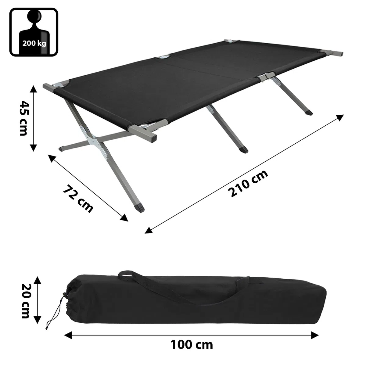 BB Sport Cama Camping XXL Militar Plegable 210 x 72 x 45 cm Robusta 200 kg Cargable Tumbona Portátil Viaje Cómodo Estable Tejido Oxford 600D Bolsa de Transporte Acampar