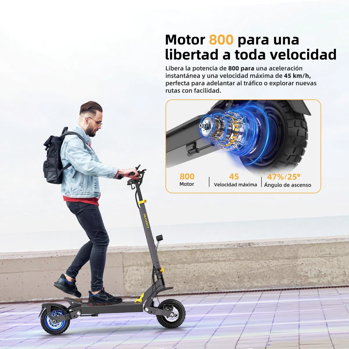 Patinete eléctrico Plegable Ausom L1, batería de 48 V 15,6 Ah, neumáticos de 10 Pulgadas, autonomía de 70 km, Frenos de Disco Delanteros y Traseros, Patinete eléctrico para Adultos