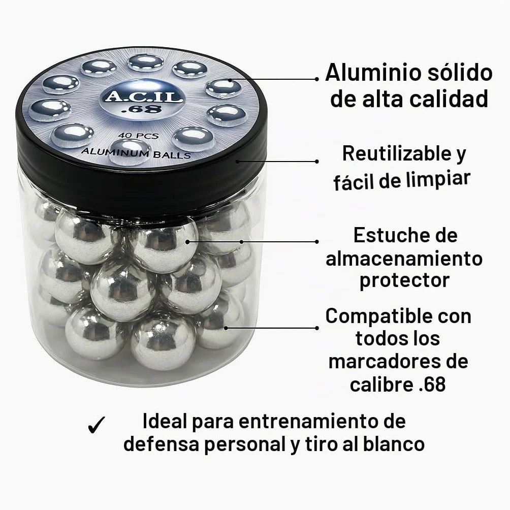 Bolas de aluminio 68 Cal. Reutilizables Paintballs Powerballs para Práctica de Tiro y Defensa (40 piezas)