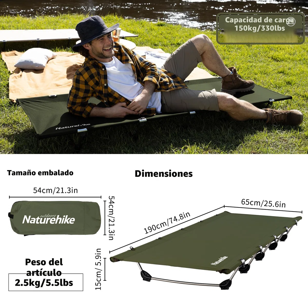 Naturehike Cama Plegable Compacta de Camping Portátil Ultraligera Fuerte y Resistente.Cómoda para Adultos y Niños.Acampar,Colchón de Aire,Viajes,Oficina,soporta hasta 150 kg.