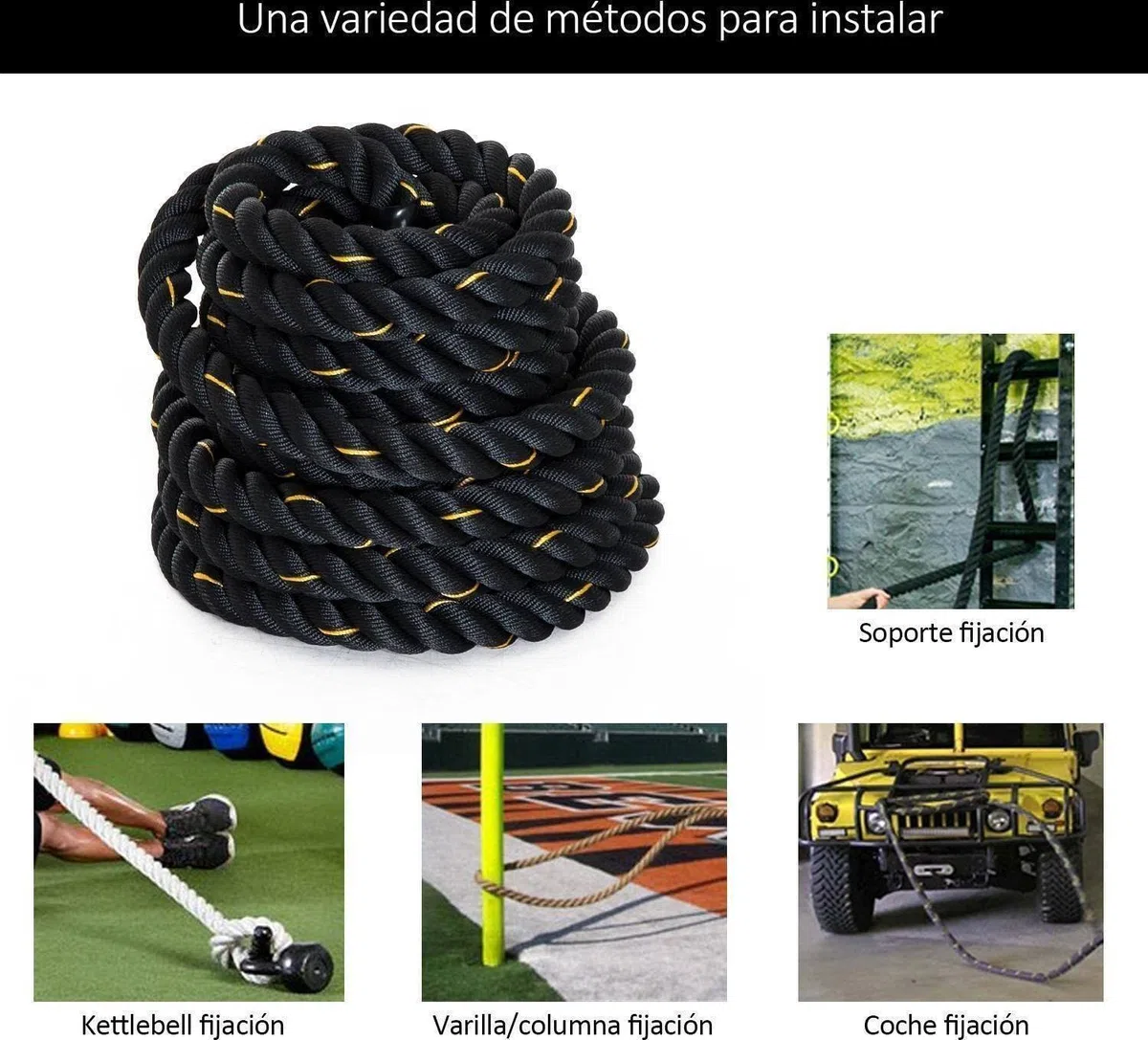 Cuerda de Combate - Crossfit, Funcional, Tonificación, Cardio - Entrenamiento de Alta Intensidad - Battle Ropes - Negro y Amarillo 12m x 50 mm