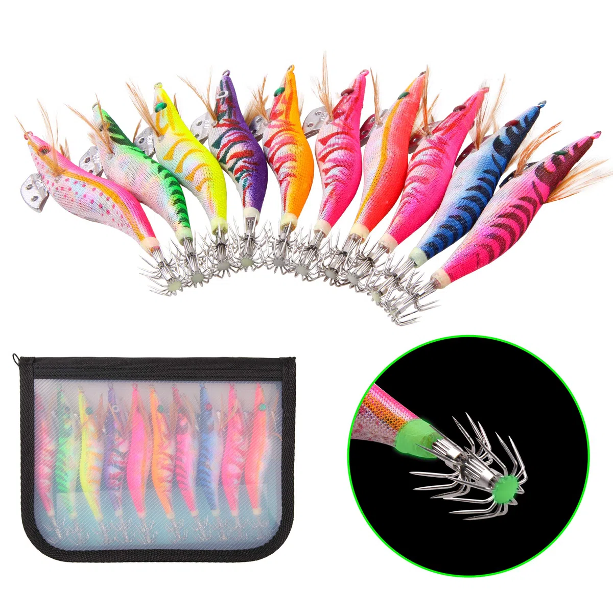 Señuelos de pesca de langostinos luminosos con gancho de madera para pesca de camarones y camarones, 10 unidades