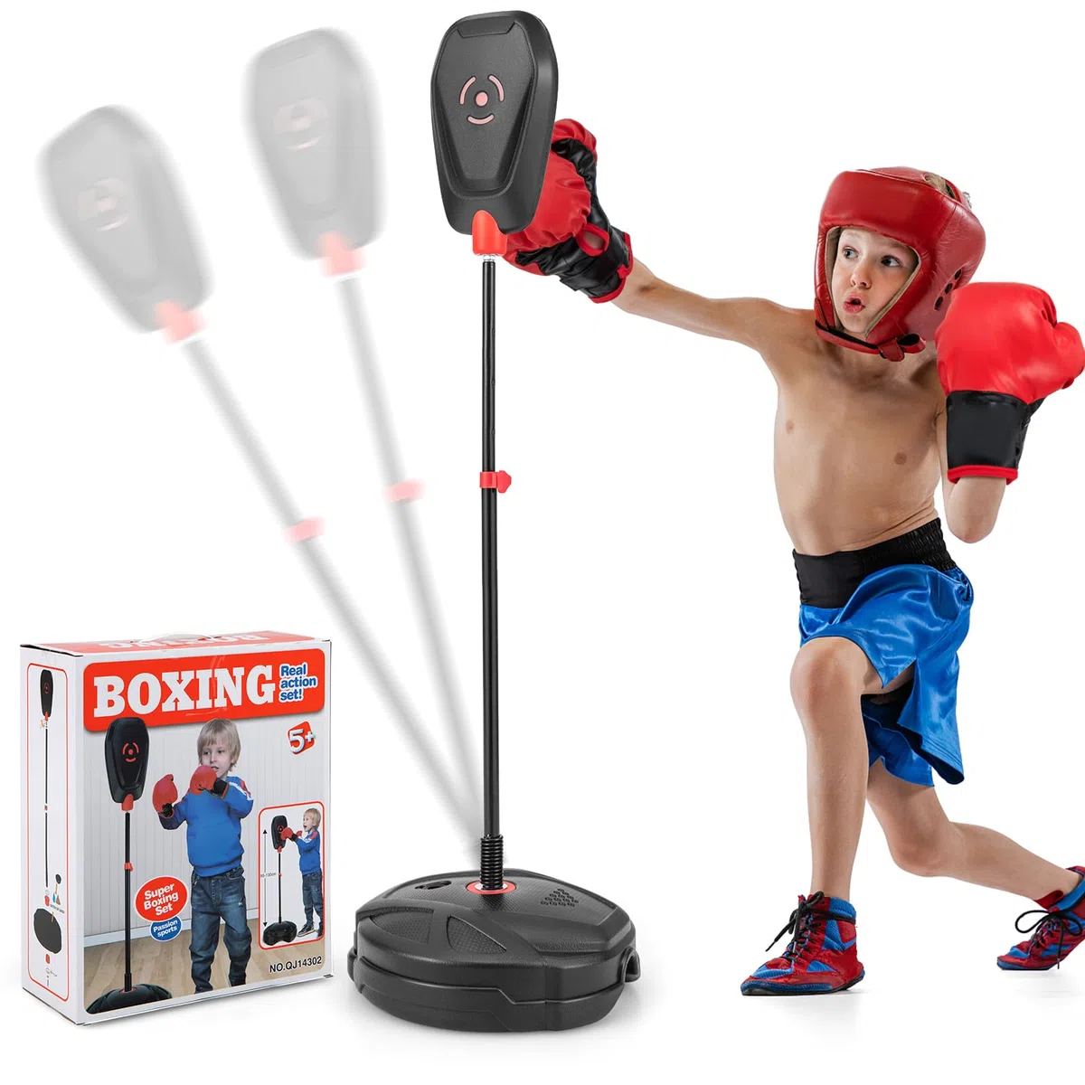 KOMFOTTEU Saco de Boxeo de Pie con Altura Ajustable 95-126 cm, Pelota de Boxeo con Guantes de Boxeo, Punching Ball con Base Rellenable, Set de Boxeo para Niños Mayores de 3 Años