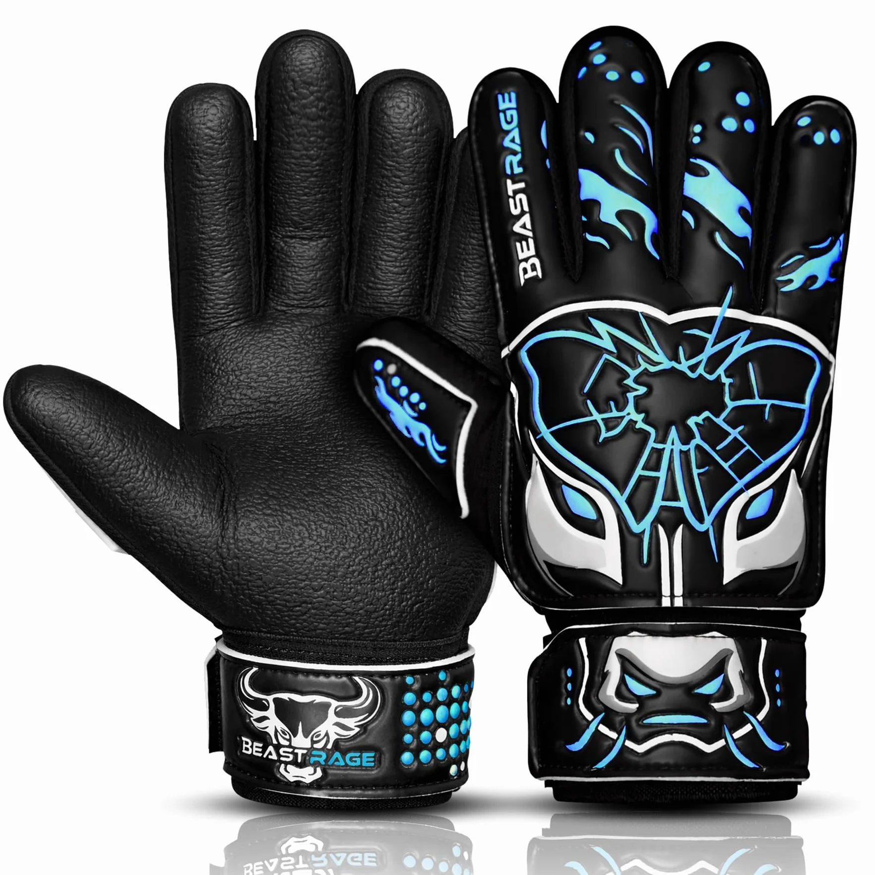 BEAST RAGE Guantes de Portero para niños-látex alemán Antideslizante Premium 3 mm + 4 mm Palma laminada,Retroceso Ligero 3+4 mm,Correa de muñeca Ajustable