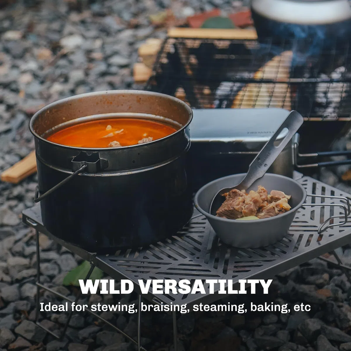 Fire-Maple Antarcti Olla de Camping de 1.8L de Acero Inoxidable con Cestillo para Cocción al Vapor, Olla Colgante para Fuego de Campamento con Asa Plegable para Cocina al Aire Libre y Bushcraft