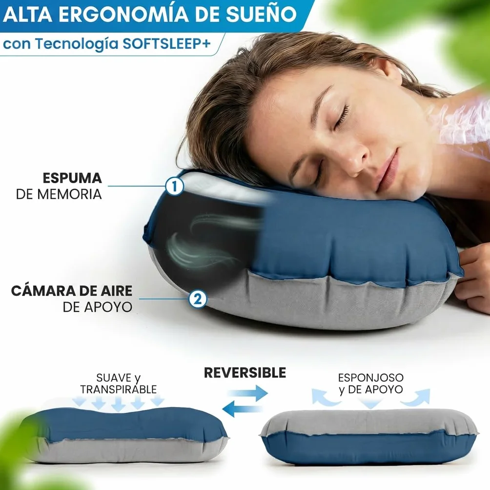 NORDMUT® Almohada de Camping Inflable [SoftSleep+] Almohada cómoda Ultraligera-pequeño tamaño – Inflable con Funda Lavable (Azul)