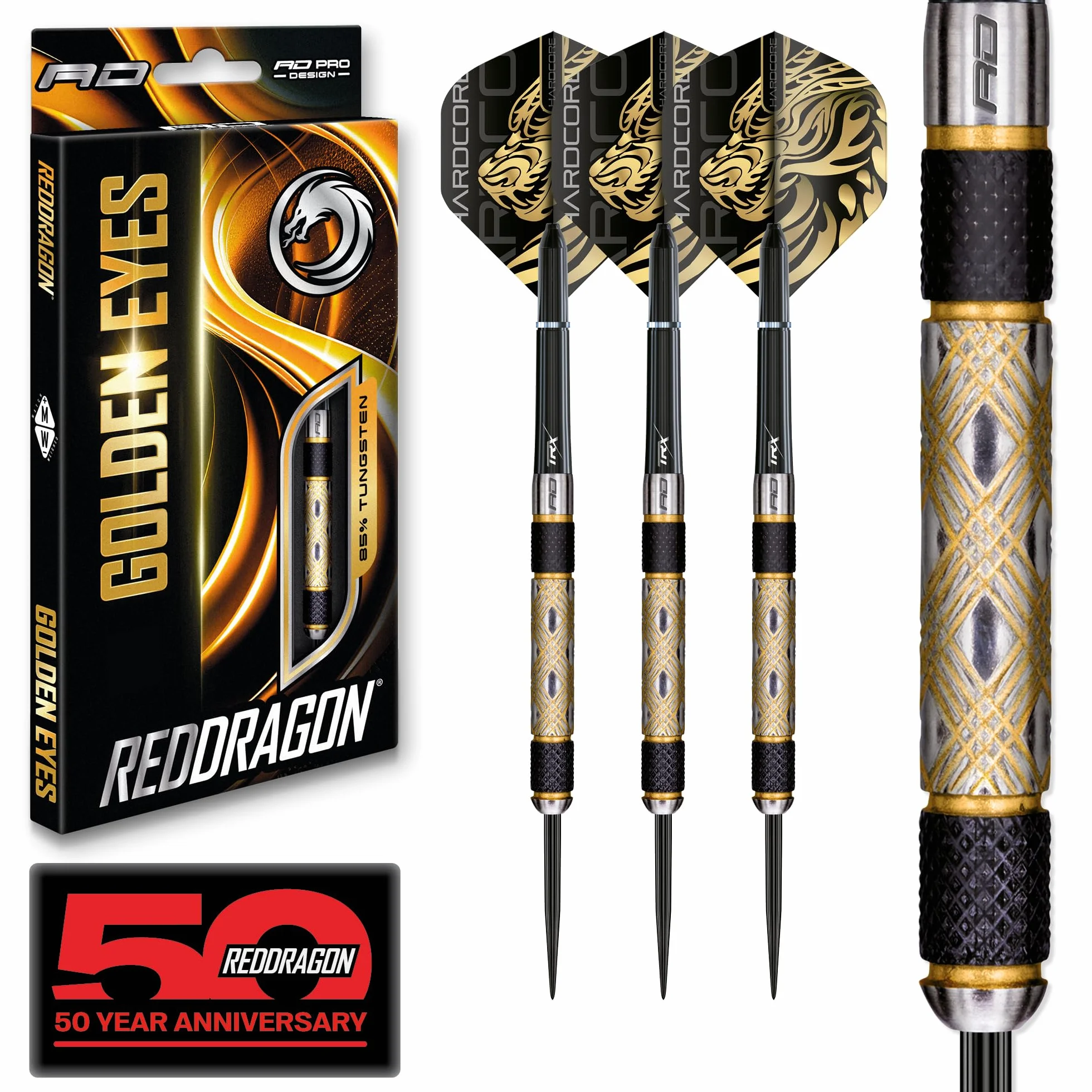 RED DRAGON - Golden Eyes - Set de freccette professionali de 22g, 24g, 26g, 28g, 30g, 32g en tungsteno 85% con alette e steli