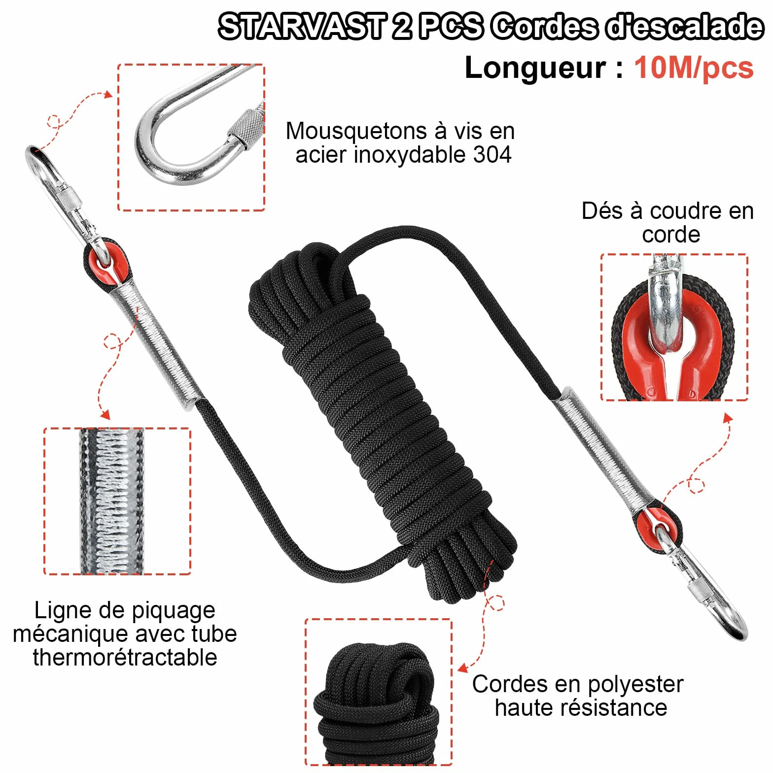 Cuerda de Escalada 10 m 10 mm 4 Mosquetones 12KN Estática con Bolsa Reflectante para Camping Rescate Senderismo