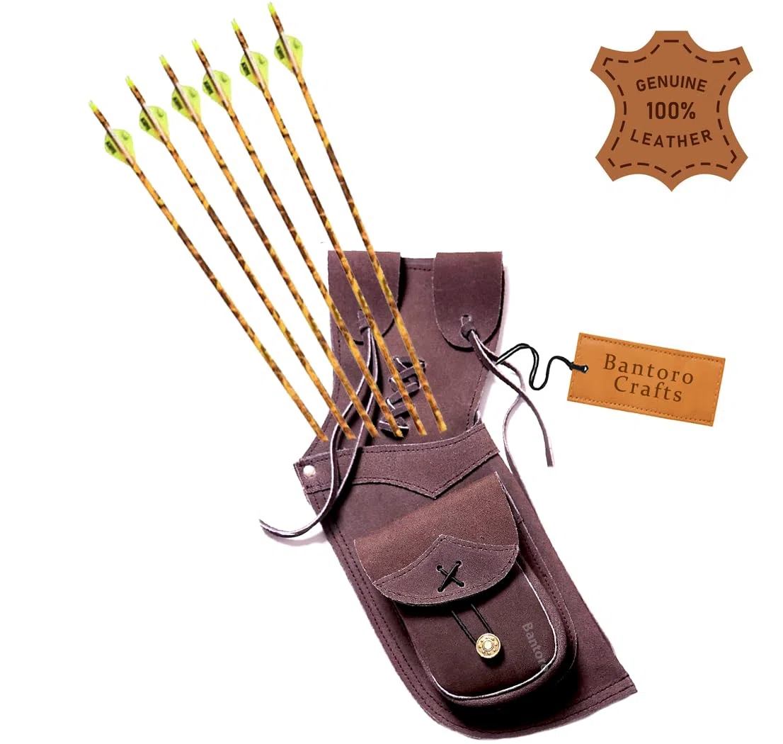 Carcaj lateral tradicional hecho a mano para caza y deportes de tiro con arco, soporte de flechas de cuero auténtico, ligero y cómodo (bolsillo liso de cuero)
