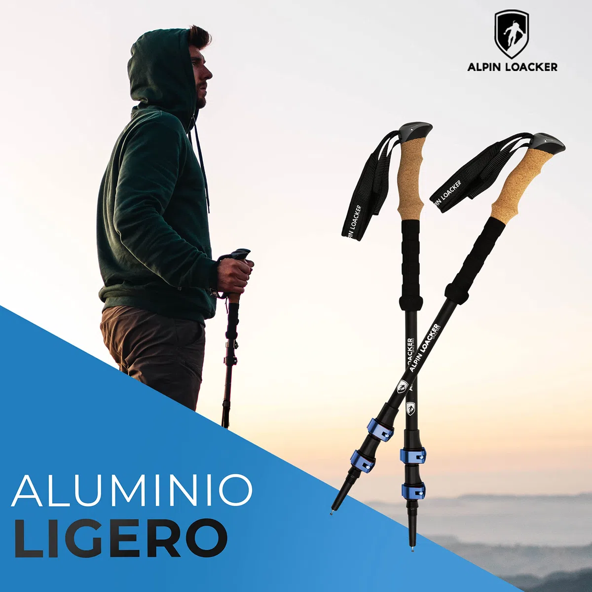 ALPIN LOACKER Bastones Trekking Telescopicos, Aluminio Ligero + Accesorios + Bolso | Palos Senderismo Extensible Altura Regulable: Poles Montaña, Nordic Walking, Trail Running Asfalto