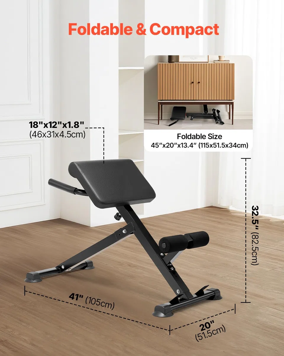 VEVOR Banco de Hiperextensión con Silla Romana, Máquina de Extensión Ajustable y Plegable de 113 kg, Equipo de Ejercicio Multifunción para Glúteos, Isquiotibiales, Espalda y Abdominales, Negro