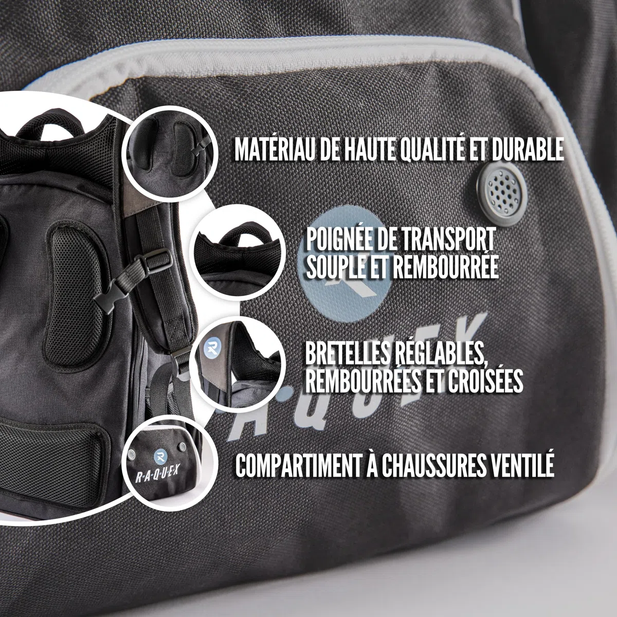 Raquex - Mochila Deportiva para Raquetas de Tenis o 2 Raquetas de Squash o bádminton, Mochila para Raquetas de Nieve + Zapatos + Ordenador portátil + Botella