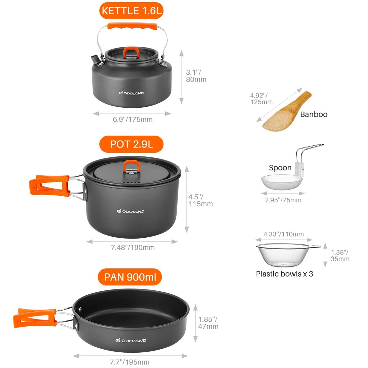 Odoland Utensilios de Cocina para Camping para 1-3 Personas, Ollas Sartén Hervidor de Camping, para Camping Senderismo Excursiones Cocina Outdoor y Picnics, Ollas 2.9L + Sartén 0.9L + Hervidor 1.6L
