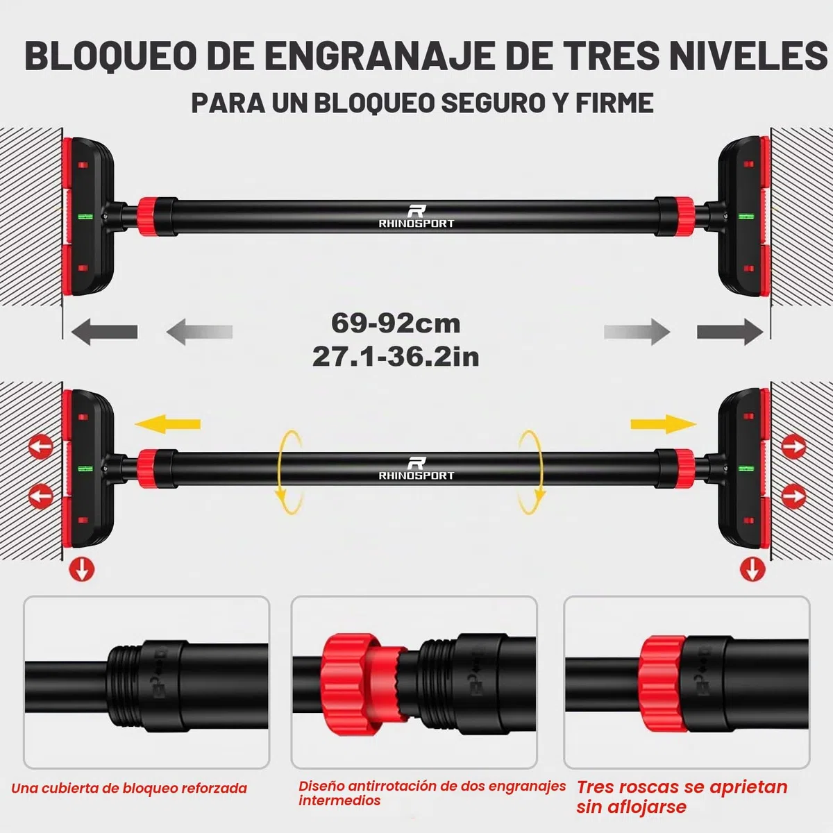 RHINOSPORT Barra de dominadas brazo y entrenador abdominal, acero estable, barra de puerta para dominadas, bastón de puerta para puertas de 69 a 92 cm (27,1 en 36,2 pulgadas), NO SCREW