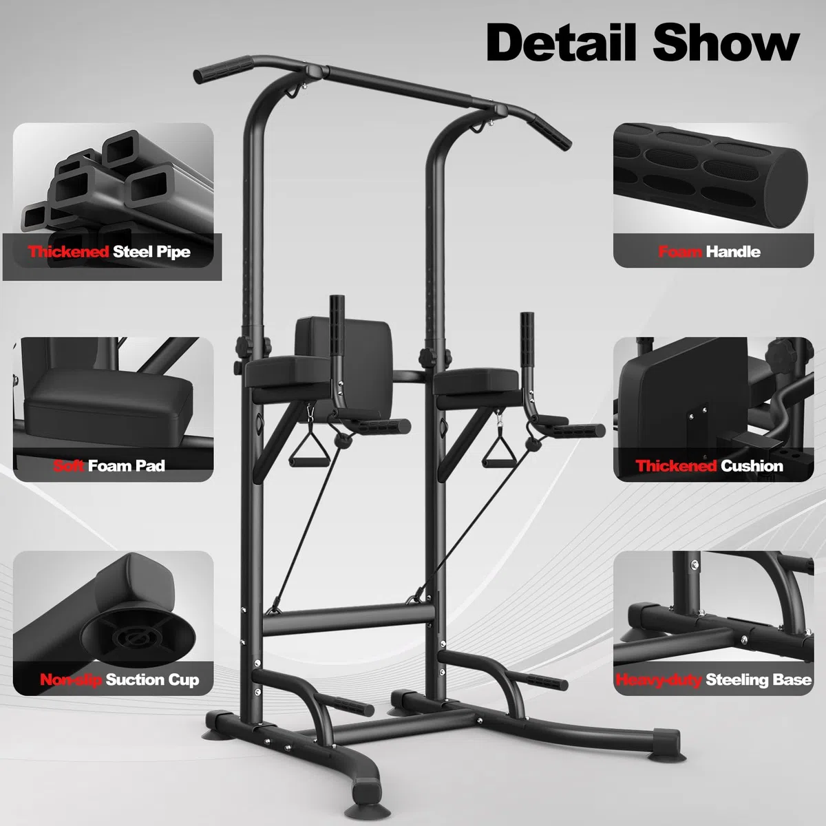 Power Tower Dip Station Barra de dominadas independiente Altura regulable de 170 – 220 cm Multifuncional Estación de fuerza Torre de Entrenamiento para Casa Pull Up Bar