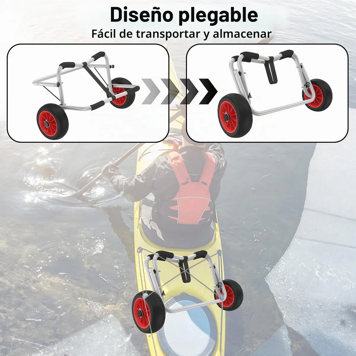 UISEBRT Carro para kayak plegable Carro para canoa plegable con capacidad de carga de hasta 100 kg con 3m de correas Cinturones de transporte de aluminio para SUP Carro para bote neumático, canoa