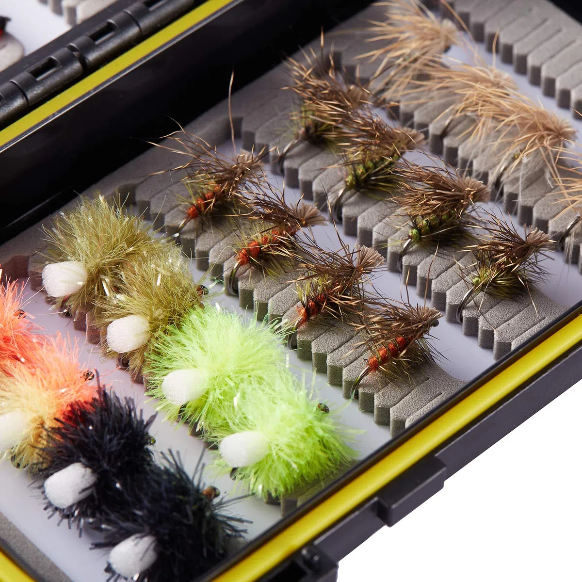 BASSDASH Kit de Moscas de Pesca con Mosca, Surtido de Moscas, Pesca de lubina con Caja de Moscas, 36/64/72/76/80/96 Piezas con Moscas secas/húmedas, ninfas, serpentinas, Popper