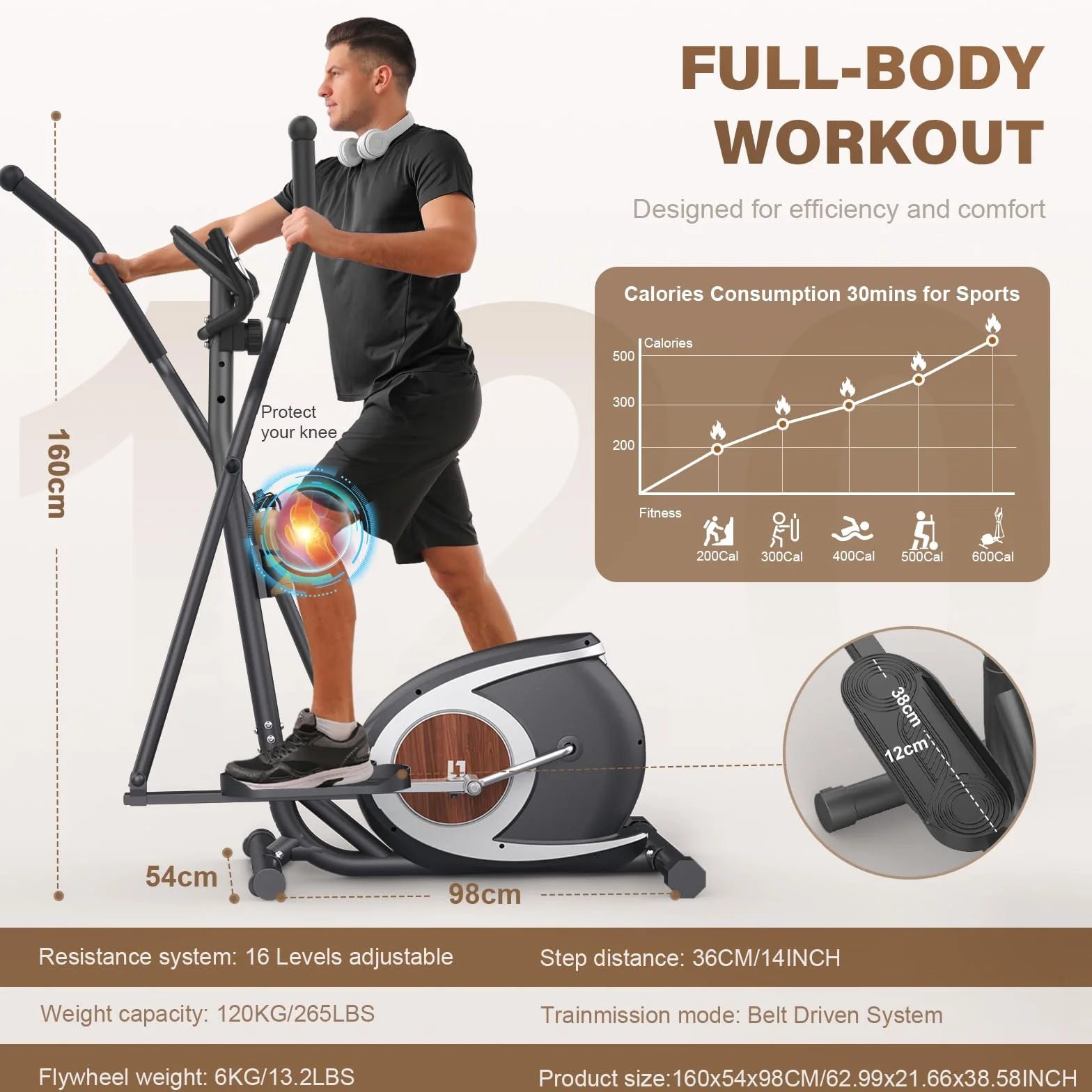 Bicicleta Elíptica para Casa, Máquina Elíptica Magnética Ultra Silenciosa con 16 Niveles de Resistencia, Monitor LCD, Pedal Antideslizante, Capacidad de Carga 265 LBS Fitness Elíptico