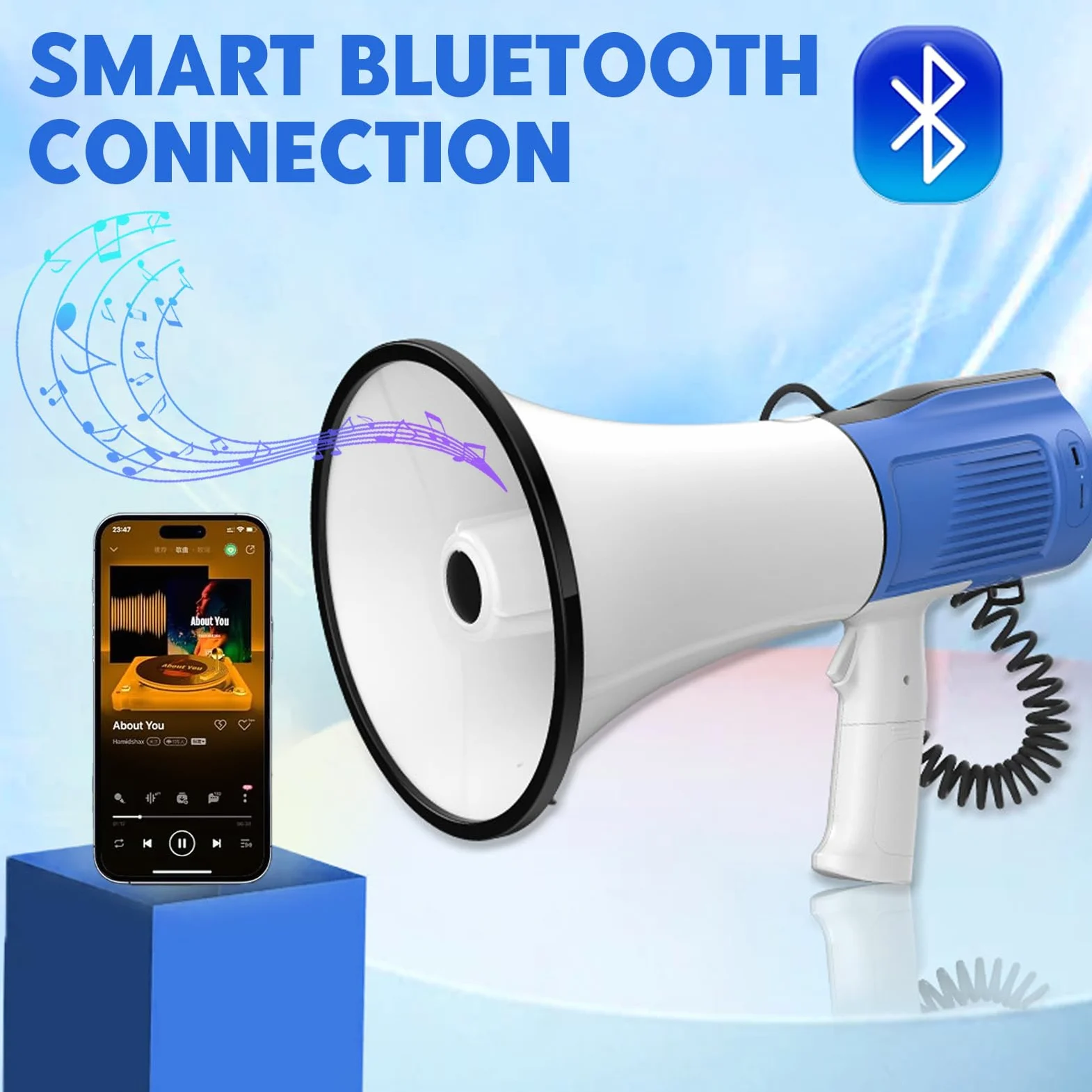Megáfono 120W Alcance Máximo 2000M, Megáfono con Sirena y Micrófono - Funciones de Grabación y Bluetooth, Bocina de Señal con Correa de Hombro Ajustable para Entrenadores, Policias, Futbol
