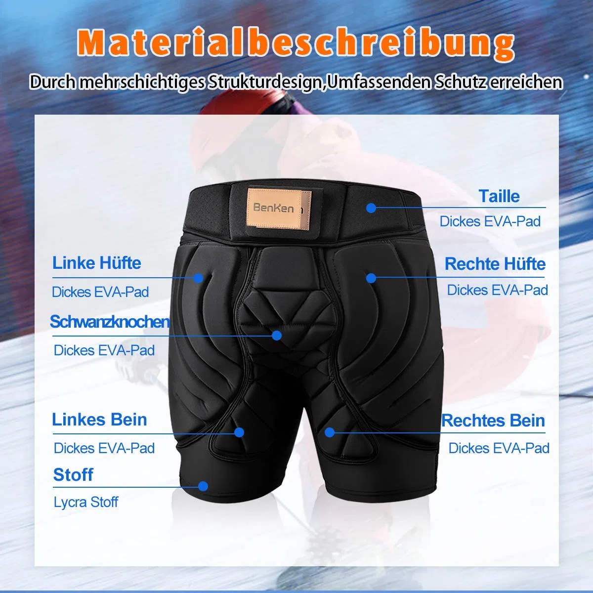 BenKen - Pantalones Cortos de esquí y Nieve, Protectores Acolchados Eva, protección 3D para Caderas, Culo y cóccix, Unisex, Transpirable, Resistente a los Golpes
