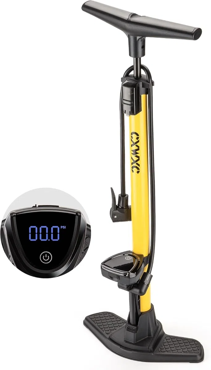 CXWXC Bomba de Bicicleta con manómetro Digital – Bomba de Aire de pie hasta 140 PSI para válvulas Presta & Schrader – Bomba de Aire portátil para Bicicleta con Gran Pantalla LCD
