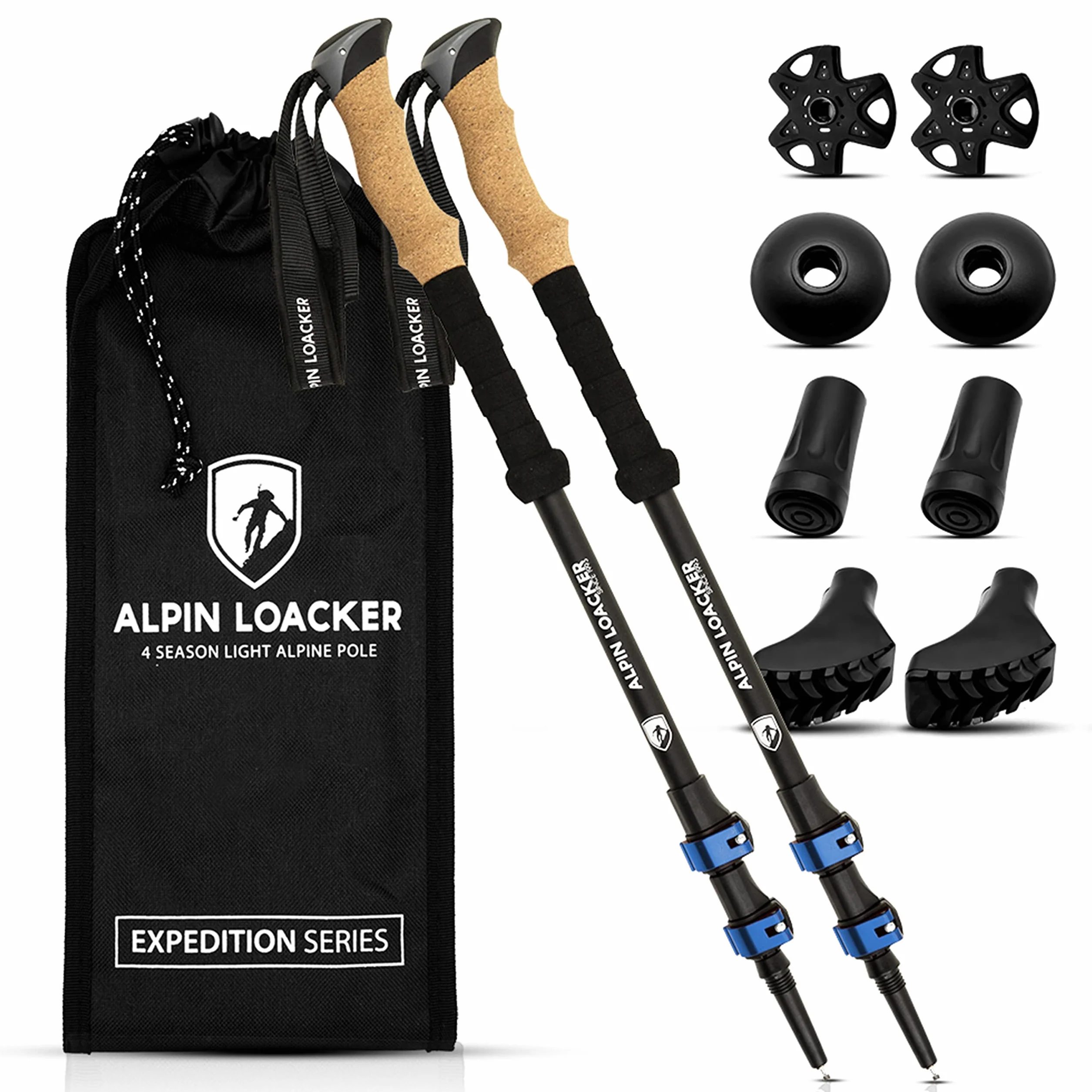 ALPIN LOACKER Bastones Trekking Telescopicos, Aluminio Ligero + Accesorios + Bolso | Palos Senderismo Extensible Altura Regulable: Poles Montaña, Nordic Walking, Trail Running Asfalto