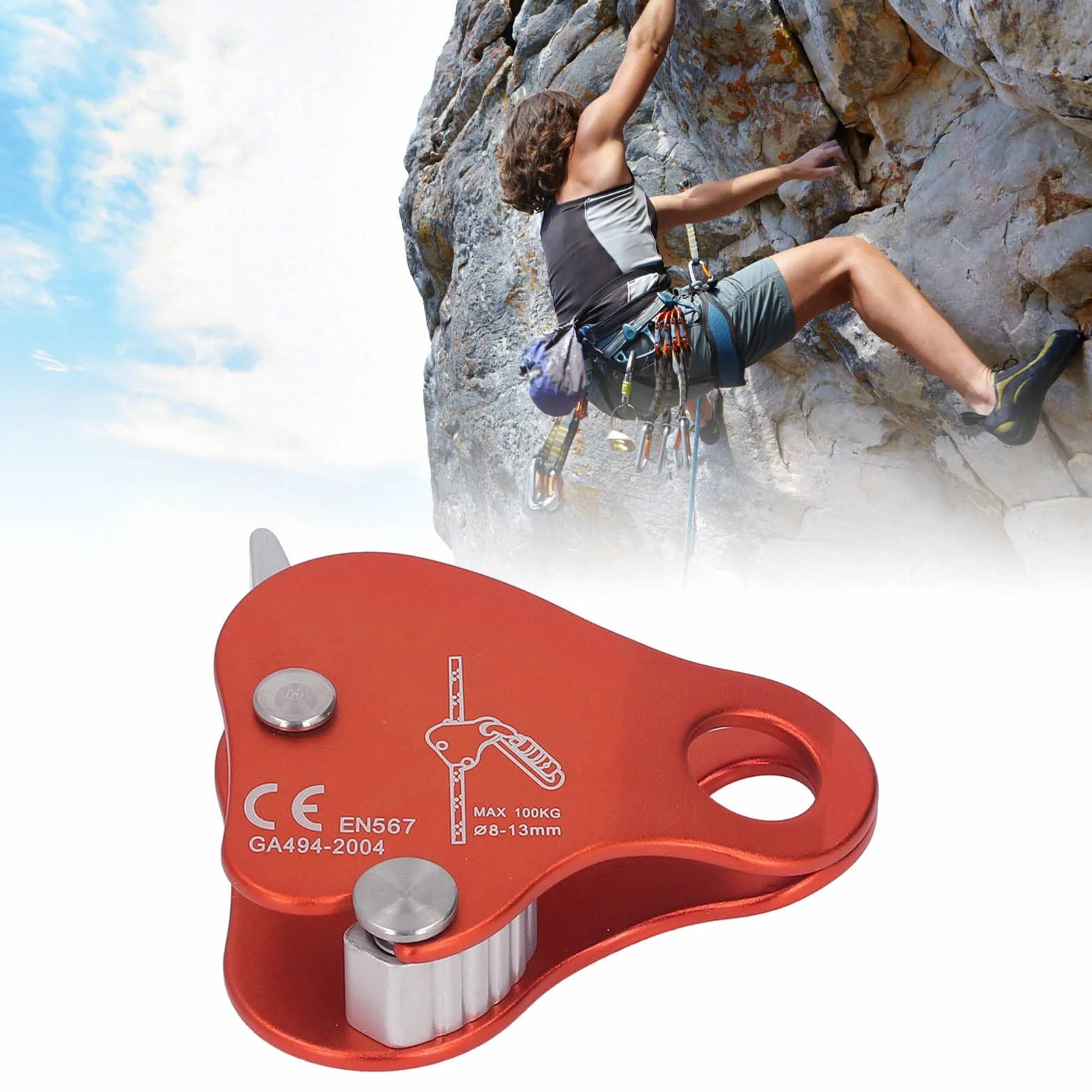 Keenso Agarre para Cuerda de Escalada Aleación de Aluminio Autoblocante 8‑13 Mm Tapón de Agarre para Cuerda de Escalada para Escalada Al Aire Montañismo (Naranja)