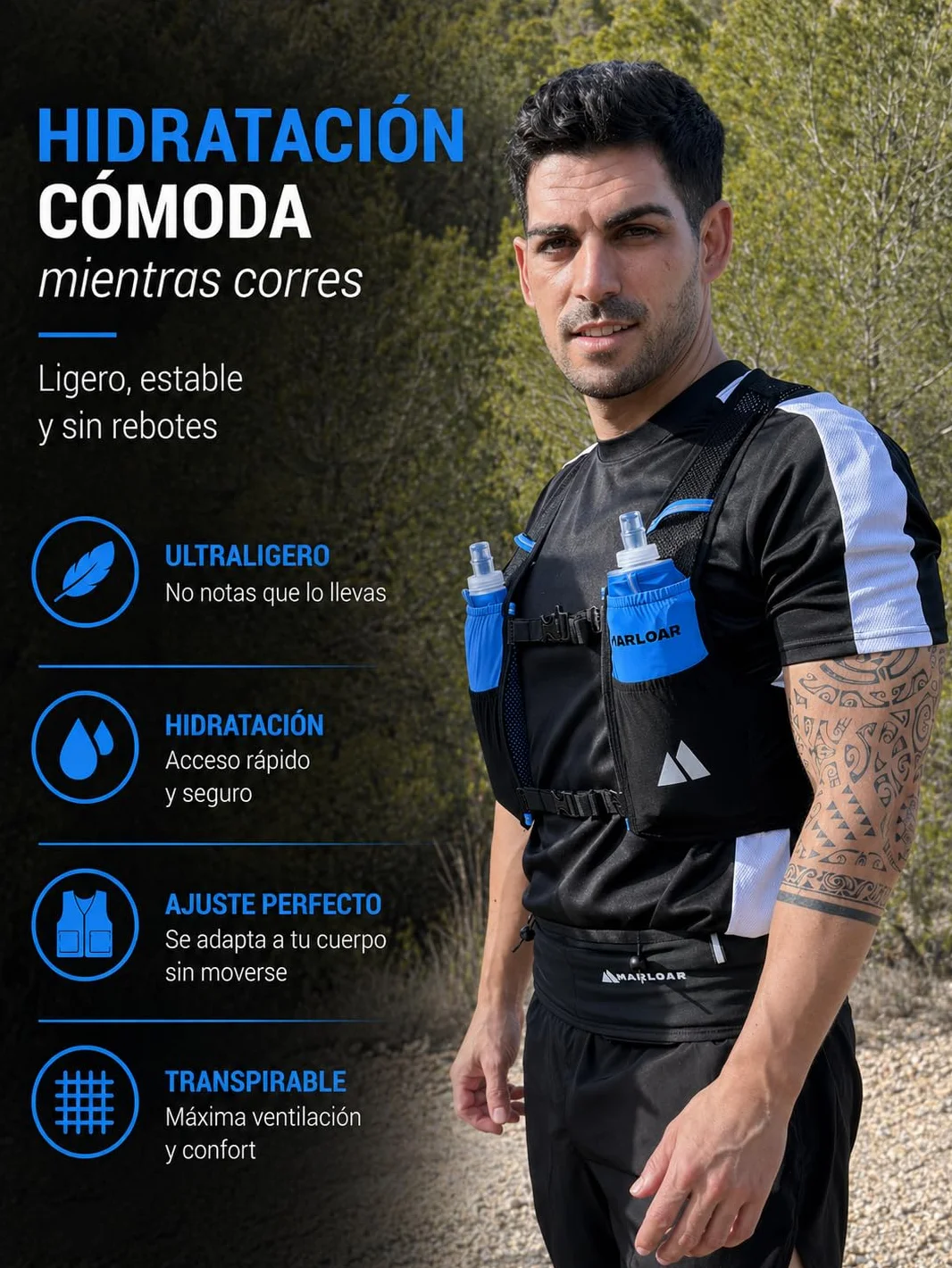 Chaleco Running Trail Running con 2 Soft Flask 500 ml Ajuste Cómodo Ligero Transpirable