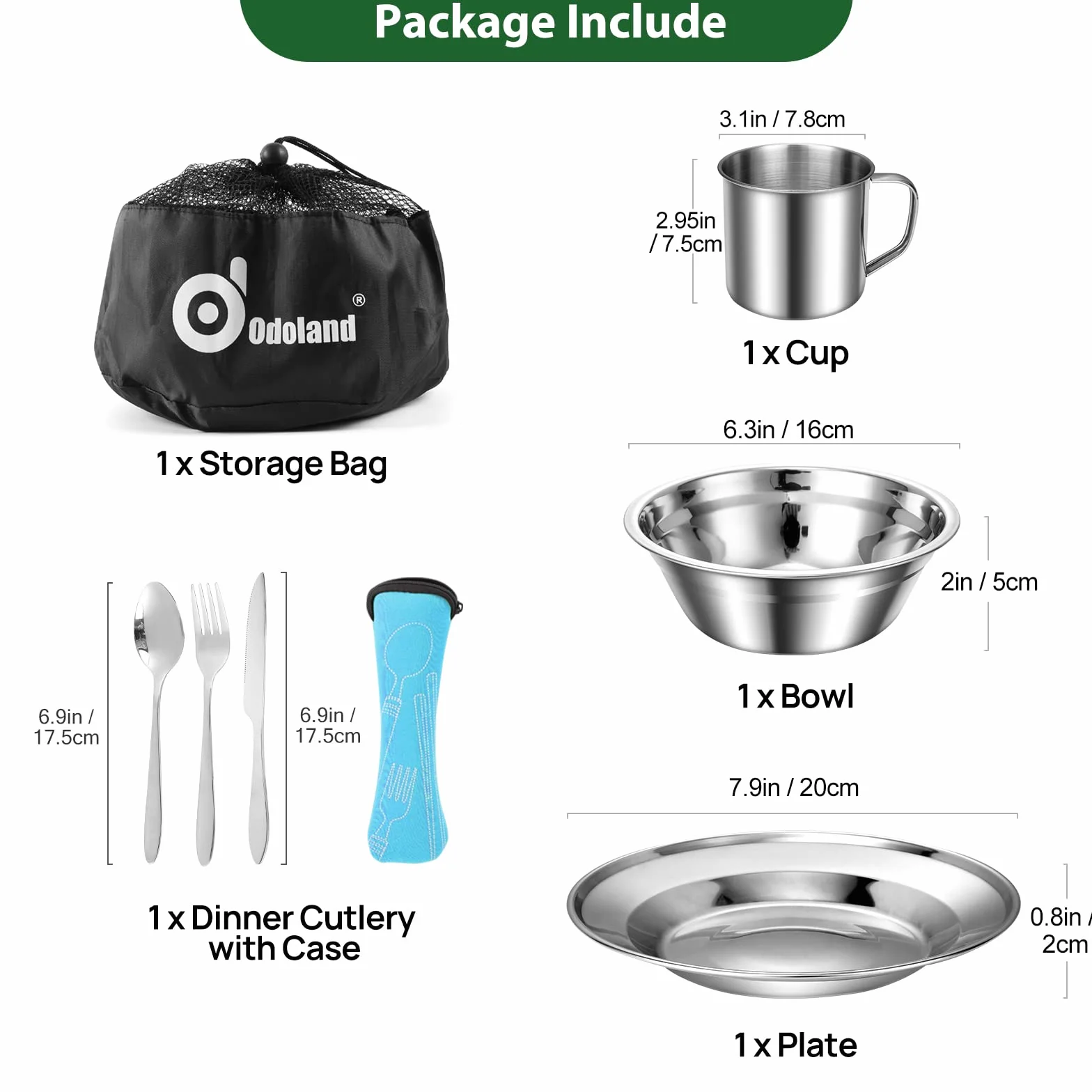 Odoland Vajilla de Acero Inoxidable para 1 Persona, 8-en-1, Cubiertos y Platos Kit de Picnic con Placa Tazon Tenedor Cuchara Cuchillo y Bolsa de Red, Camping Viajes