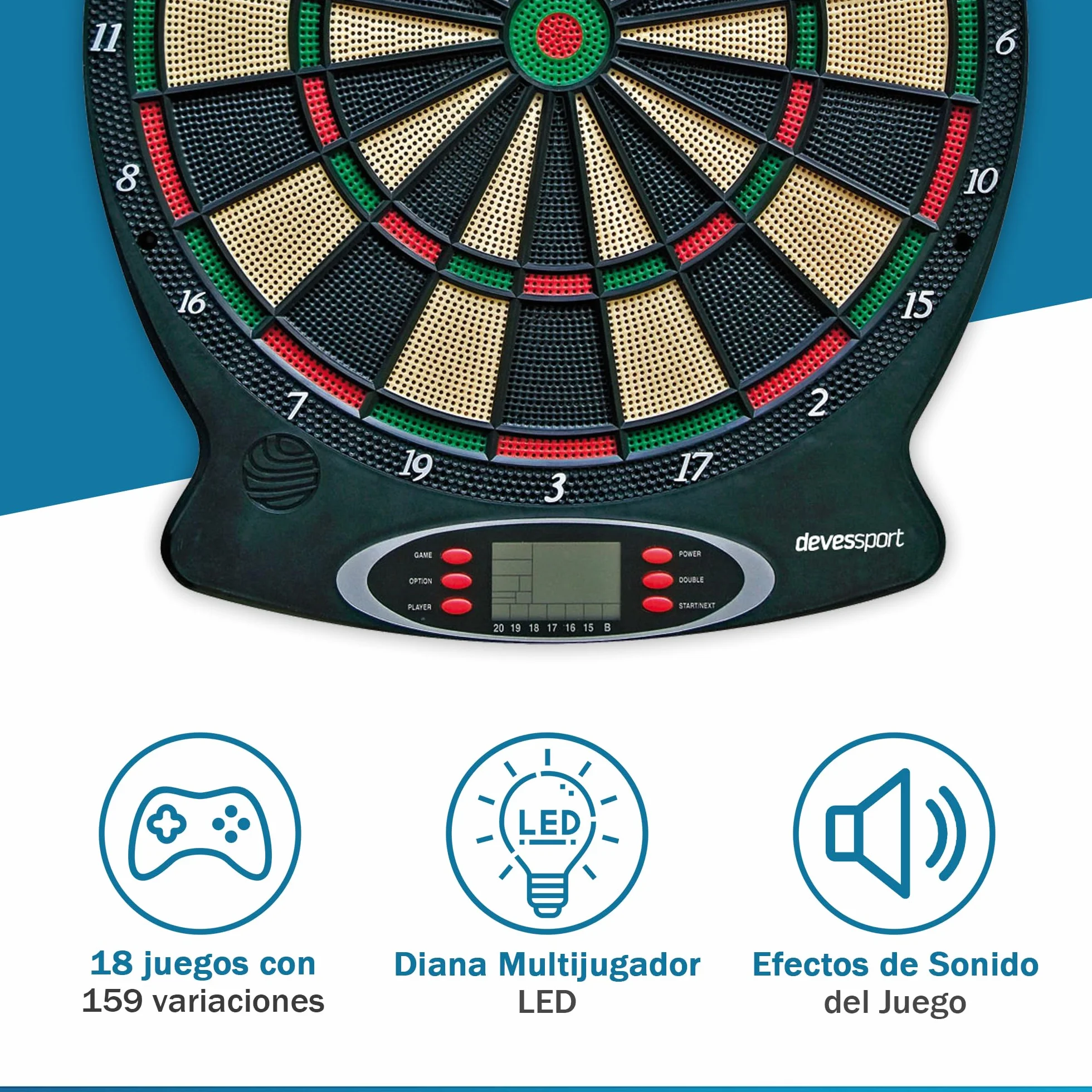 Devessport Diana Electrónica Orion | con 18 Juegos y 159 Variaciones, Pantalla LCD y 6 Dardos de Punta Blanda | para 1 a 8 Jugadores | Ideal para Uso Familiar y Doméstico