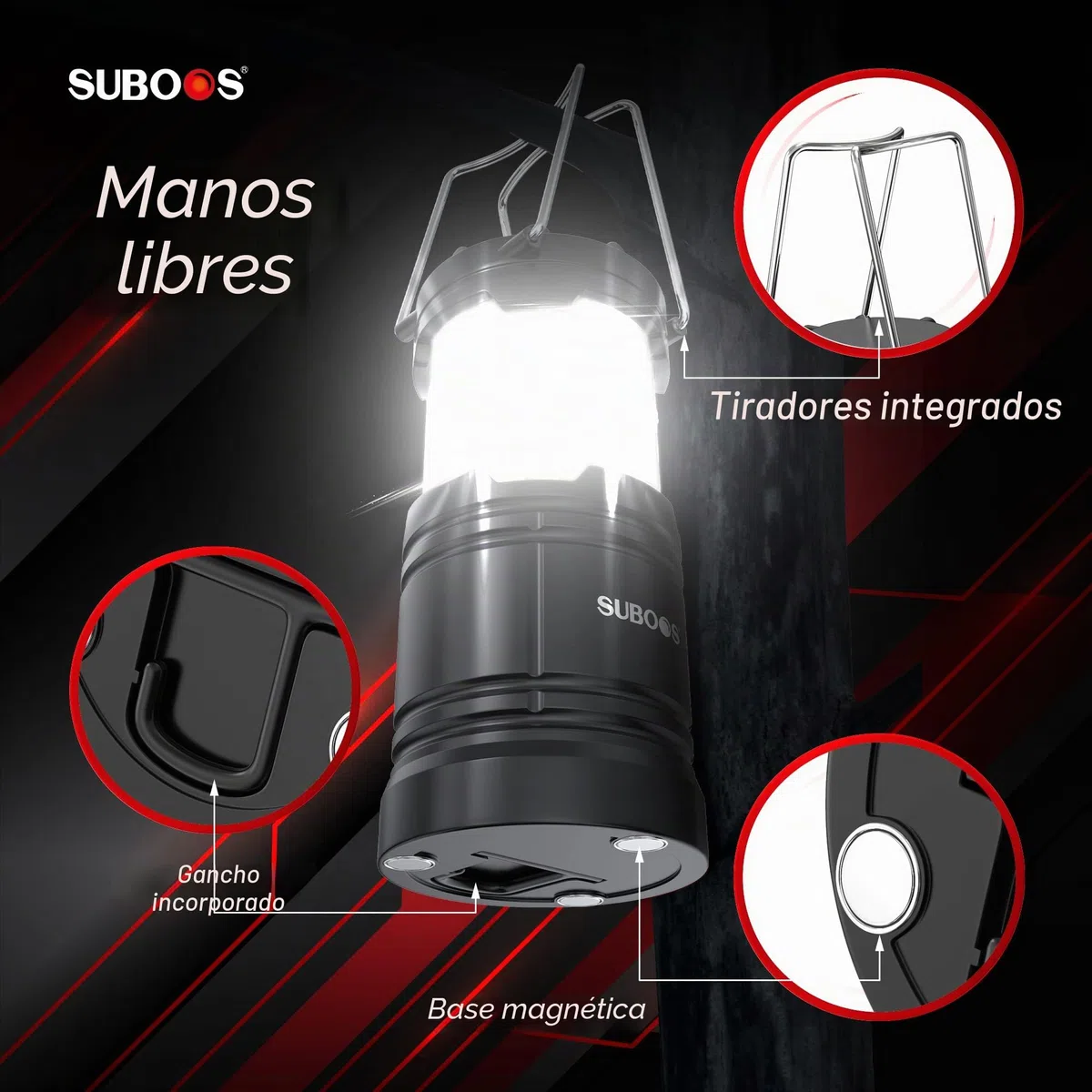 Faroles de camping recargables, lámpara solar y pilas, base magnética, gancho para tienda, accesorios de campamento portátiles para emergencias