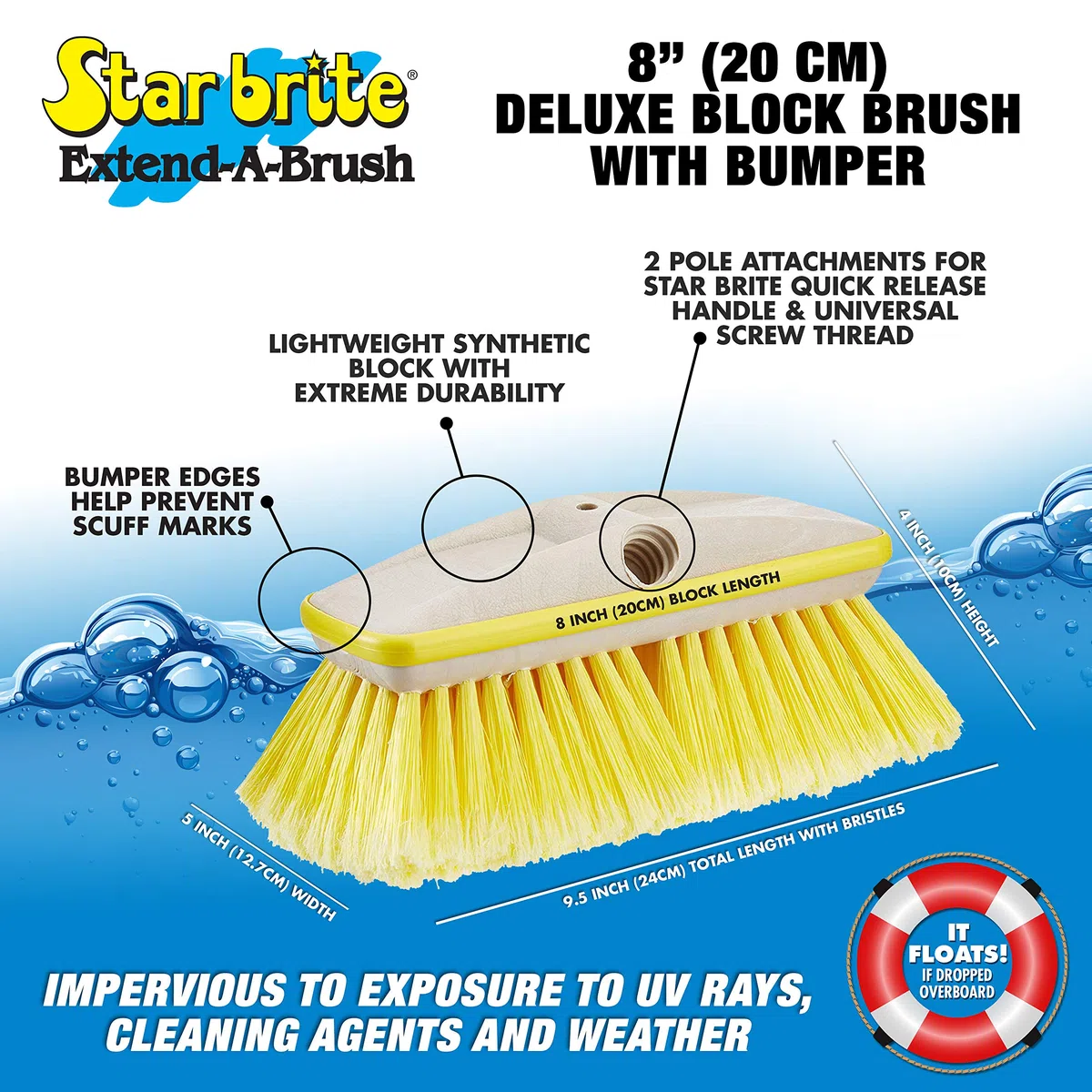 Star brite Premium Wash Cabezal de cepillo de 20,32 cm con parachoques, conexiones dobles para postes estándar de 3/4 pulgadas y asas extensibles